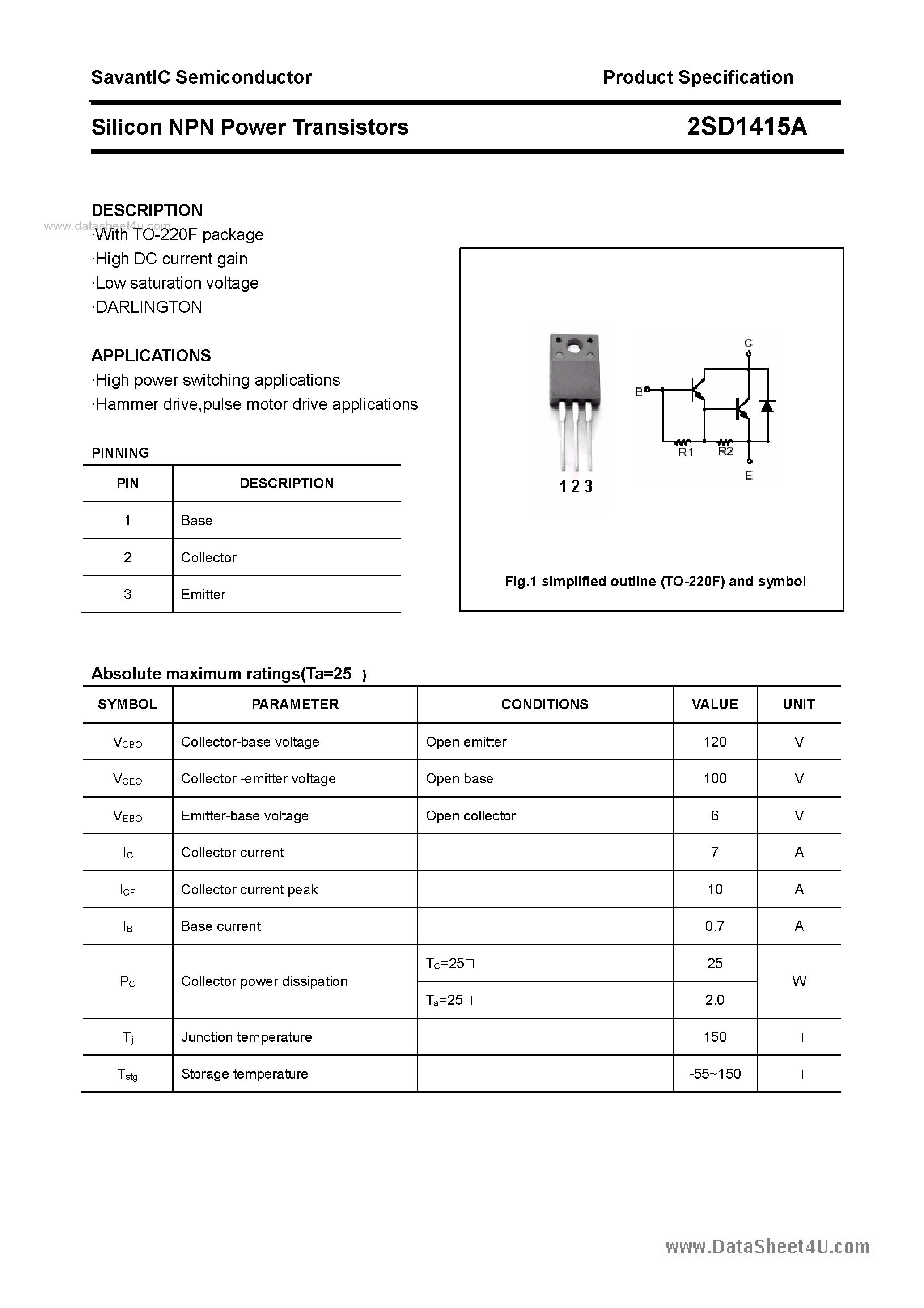 Datasheet 2SD1415A - SILICON POWER TRANSISTOR page 1