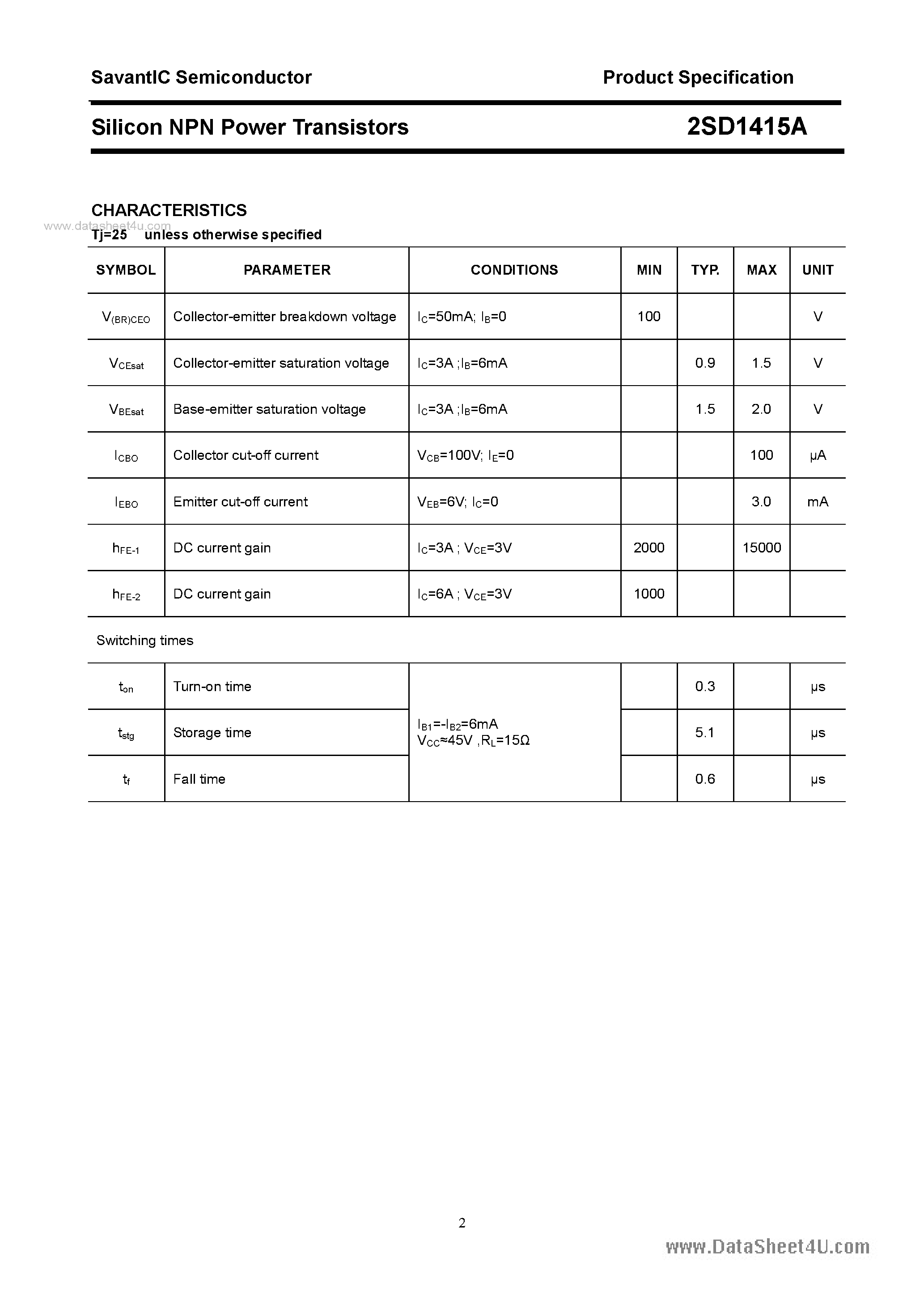 Datasheet 2SD1415A - SILICON POWER TRANSISTOR page 2