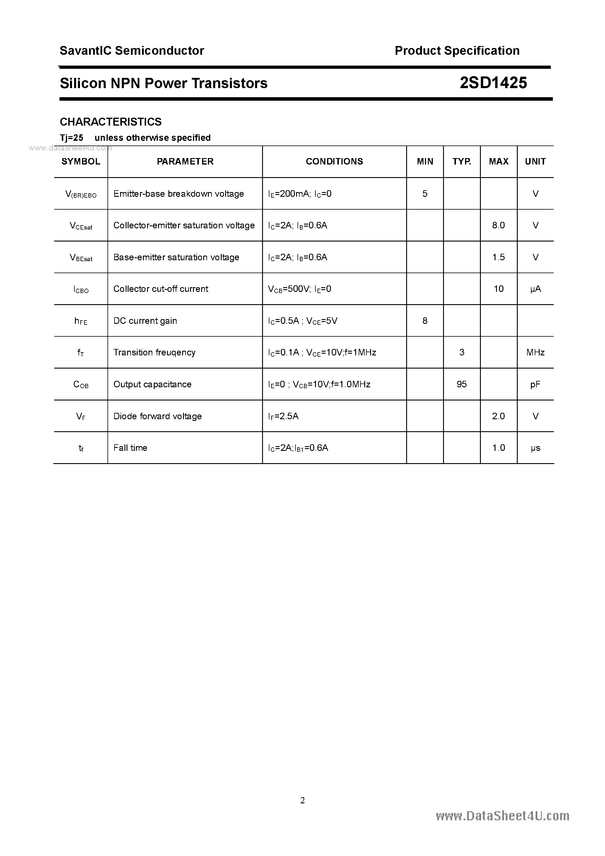 Datasheet 2SD1425 - SILICON POWER TRANSISTOR page 2