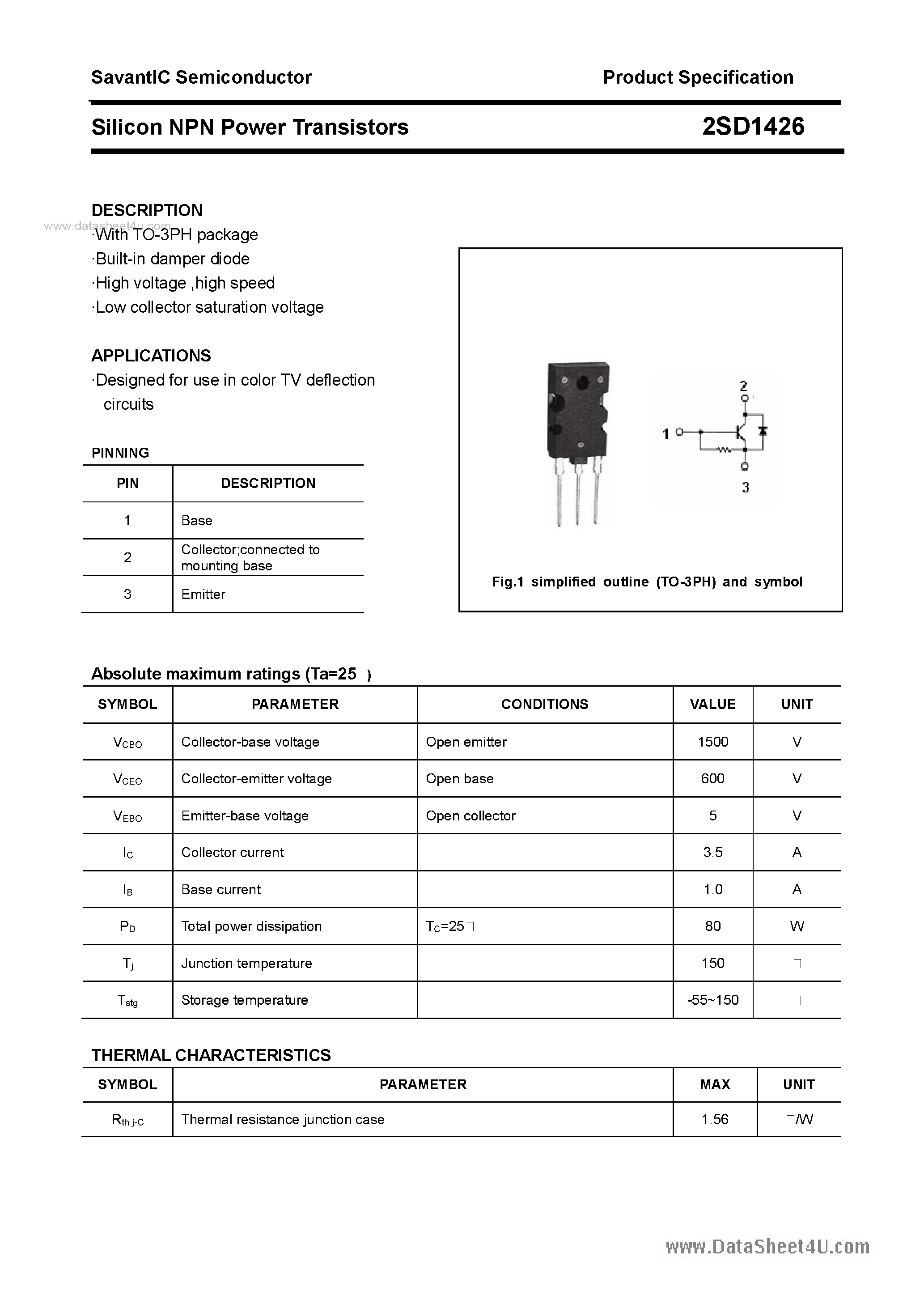 Datasheet 2SD1426 - SILICON POWER TRANSISTOR page 1
