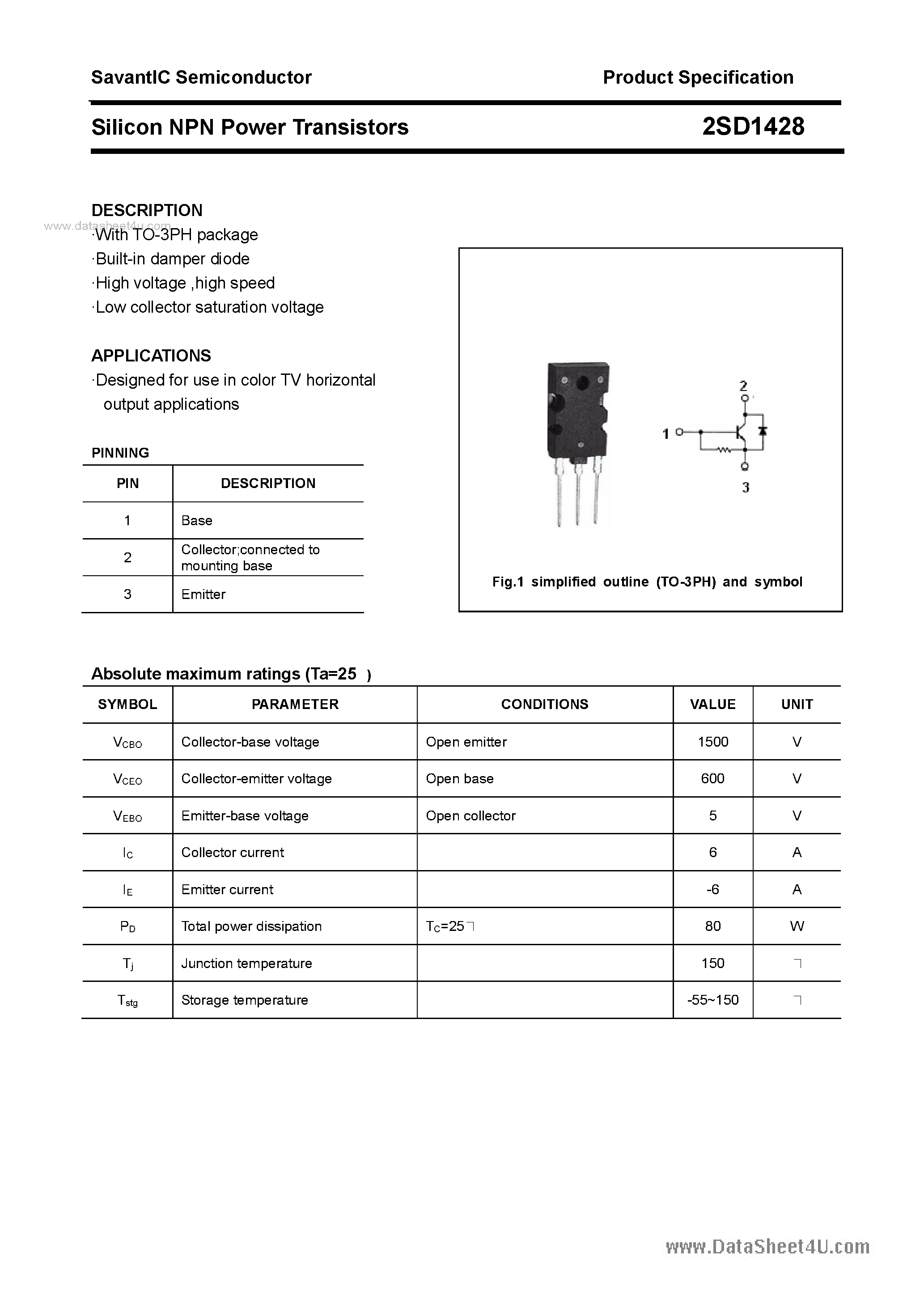Datasheet 2SD1428 - SILICON POWER TRANSISTOR page 1