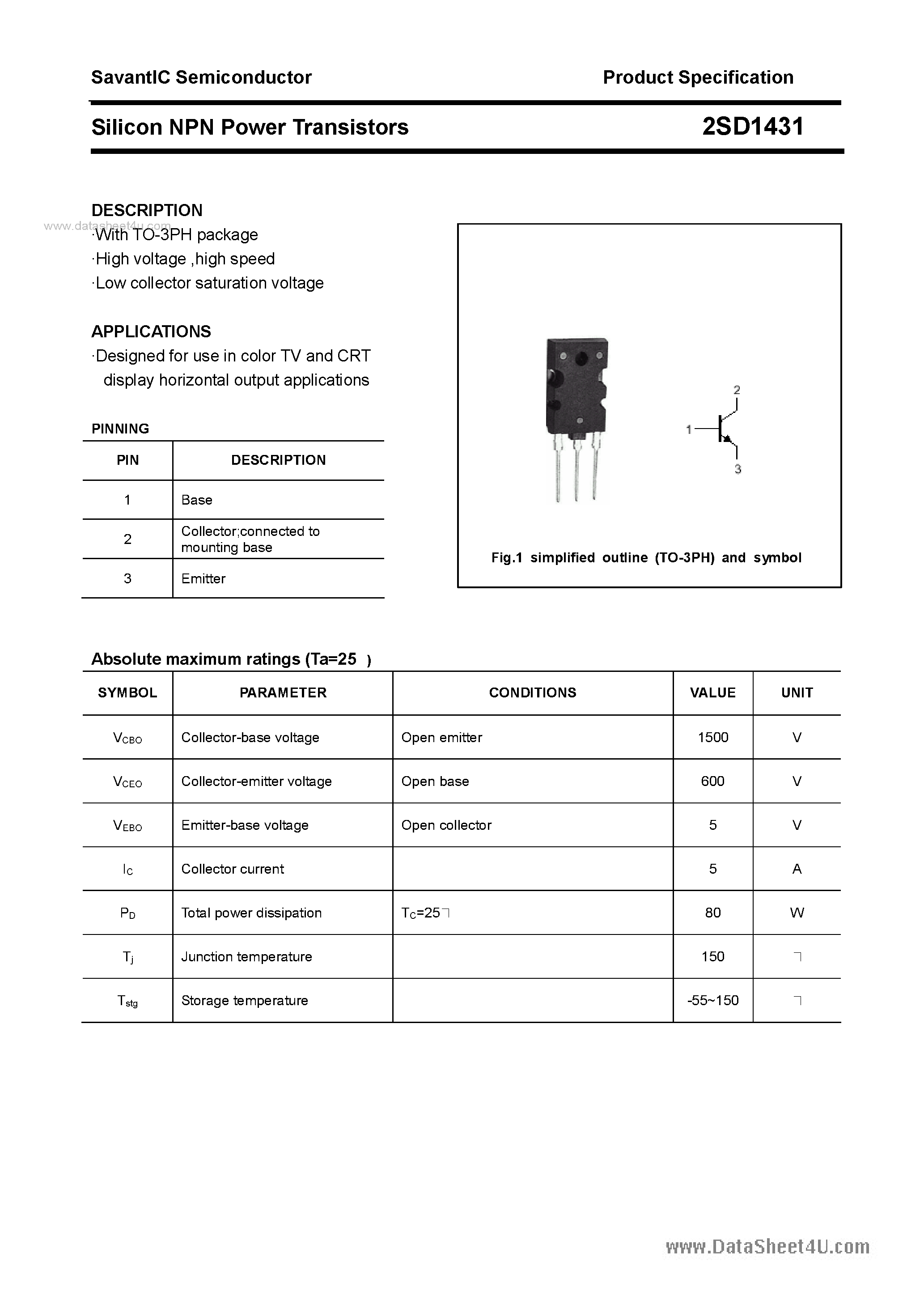 Datasheet 2SD1431 - SILICON POWER TRANSISTOR page 1