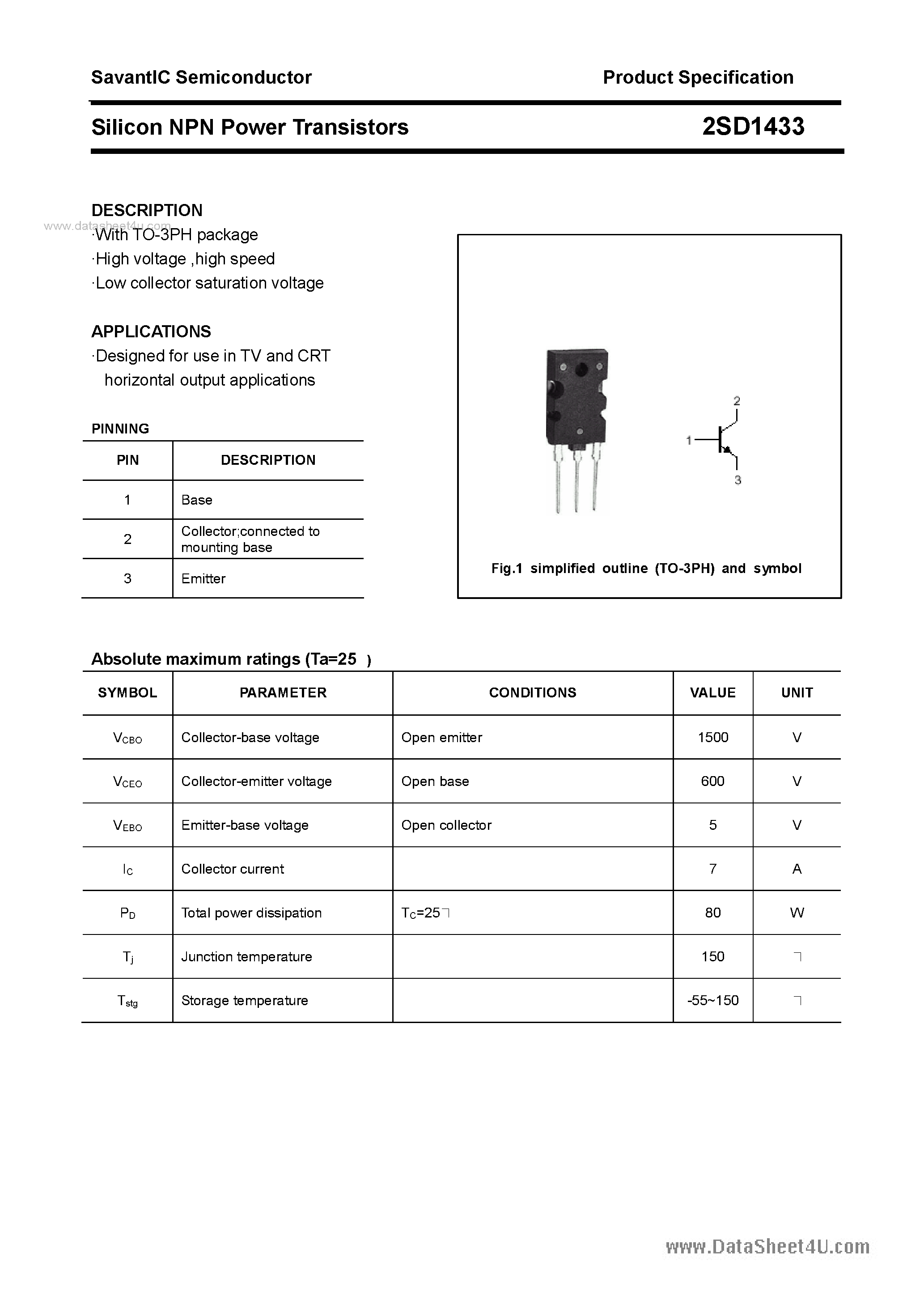 Datasheet 2SD1433 - SILICON POWER TRANSISTOR page 1