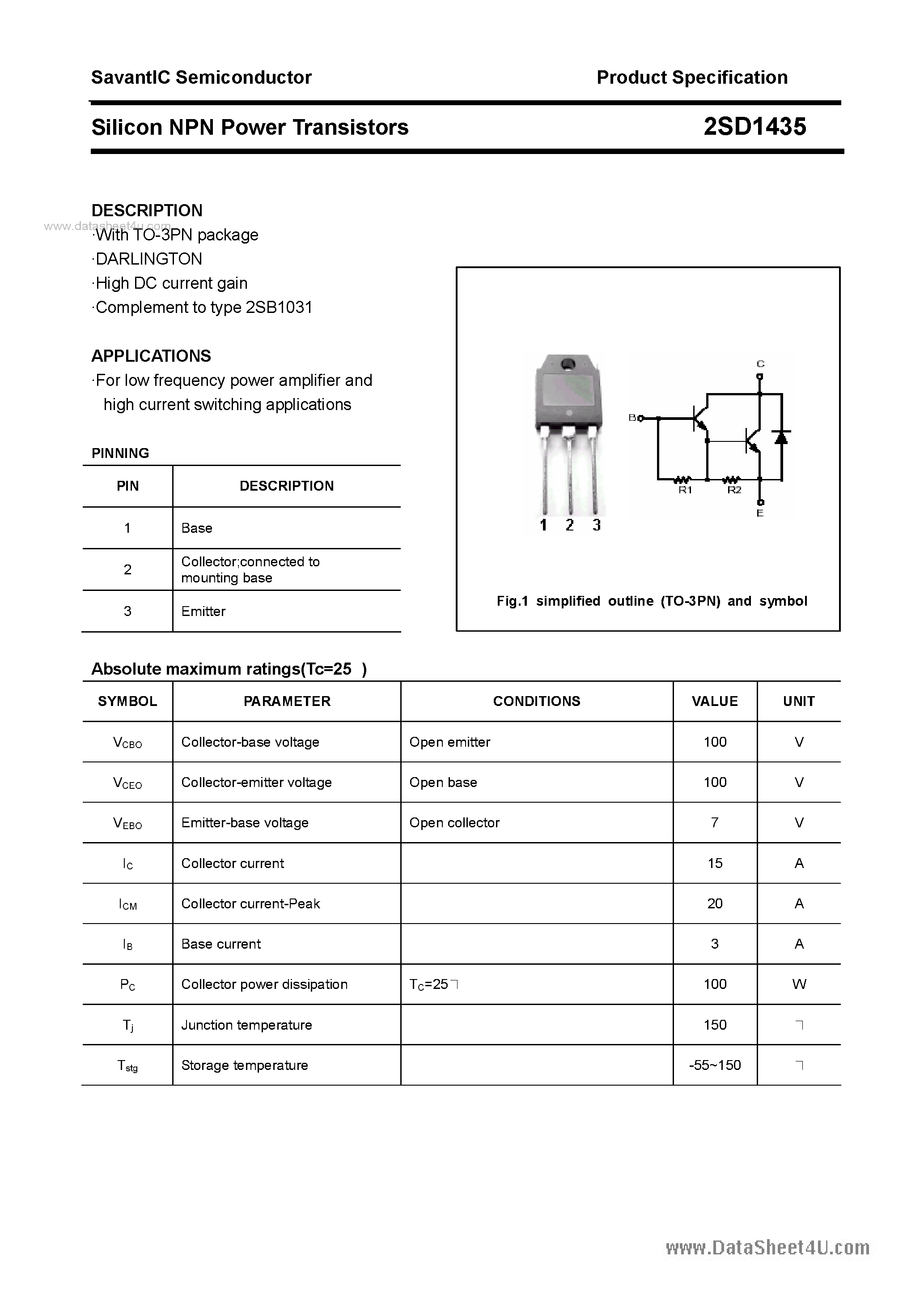 Datasheet 2SD1435 - SILICON POWER TRANSISTOR page 1