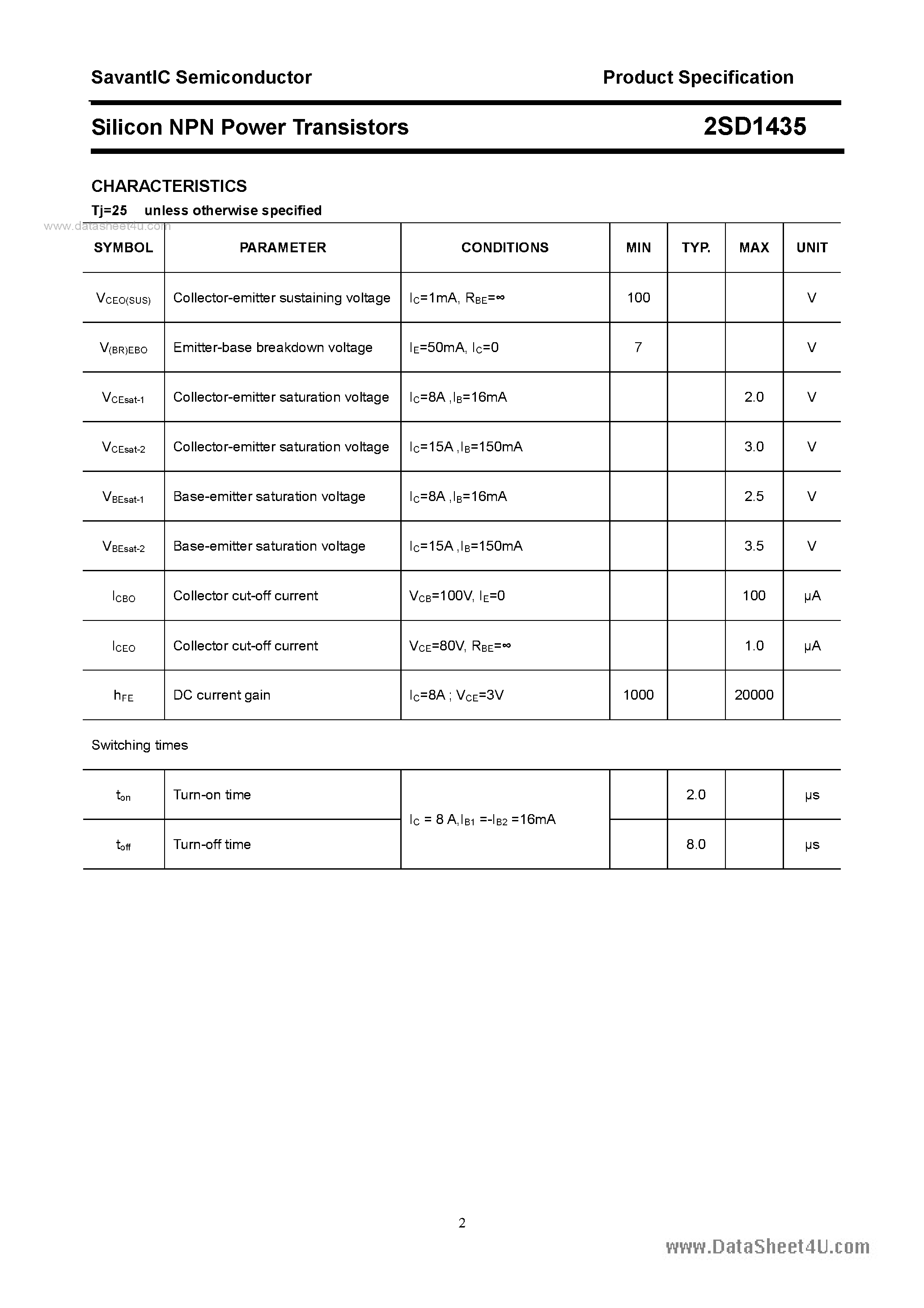 Datasheet 2SD1435 - SILICON POWER TRANSISTOR page 2