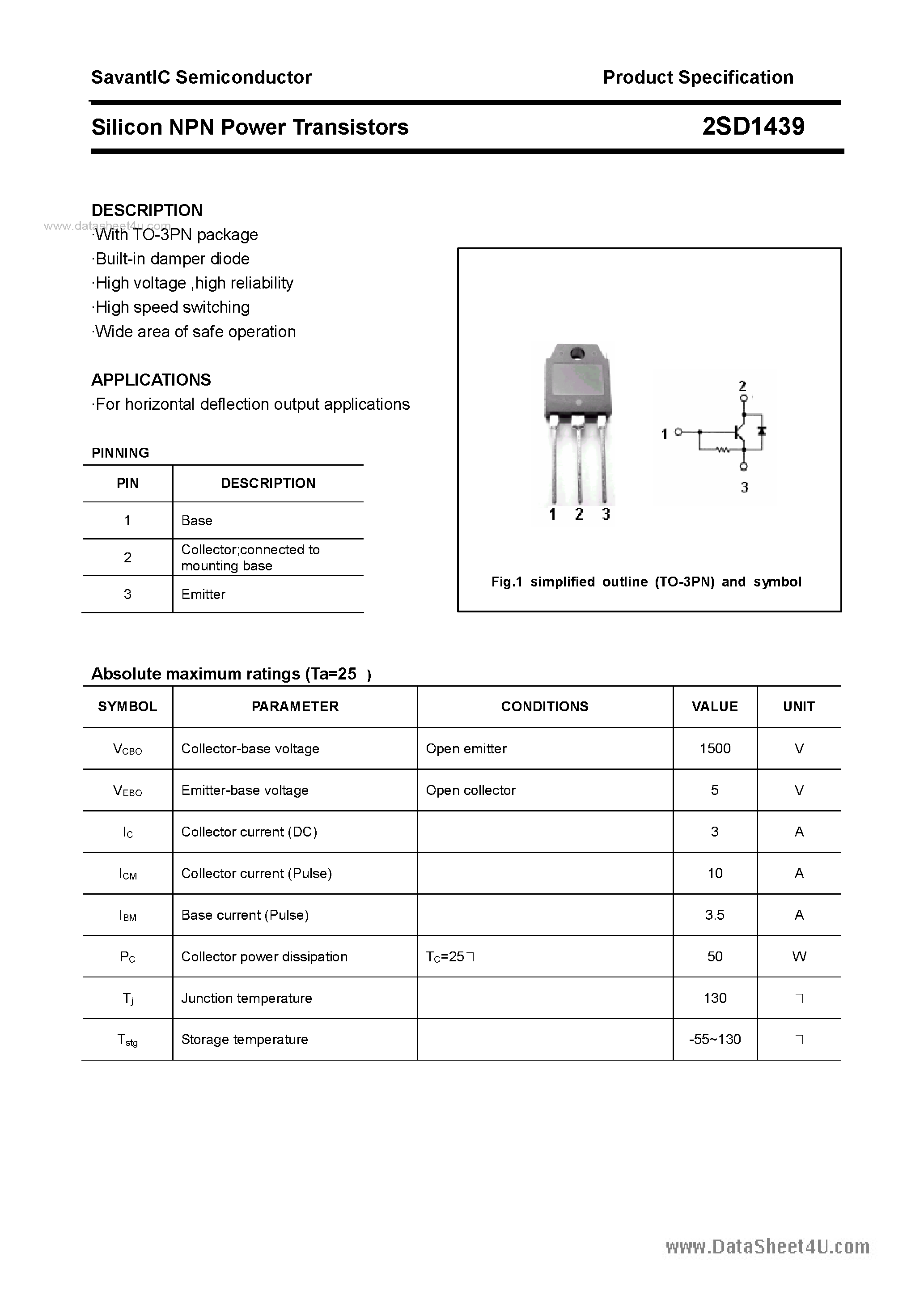 Datasheet 2SD1439 page 1 Datasheet 2SD1439 - SILICON POWER TRANSISTOR page 1