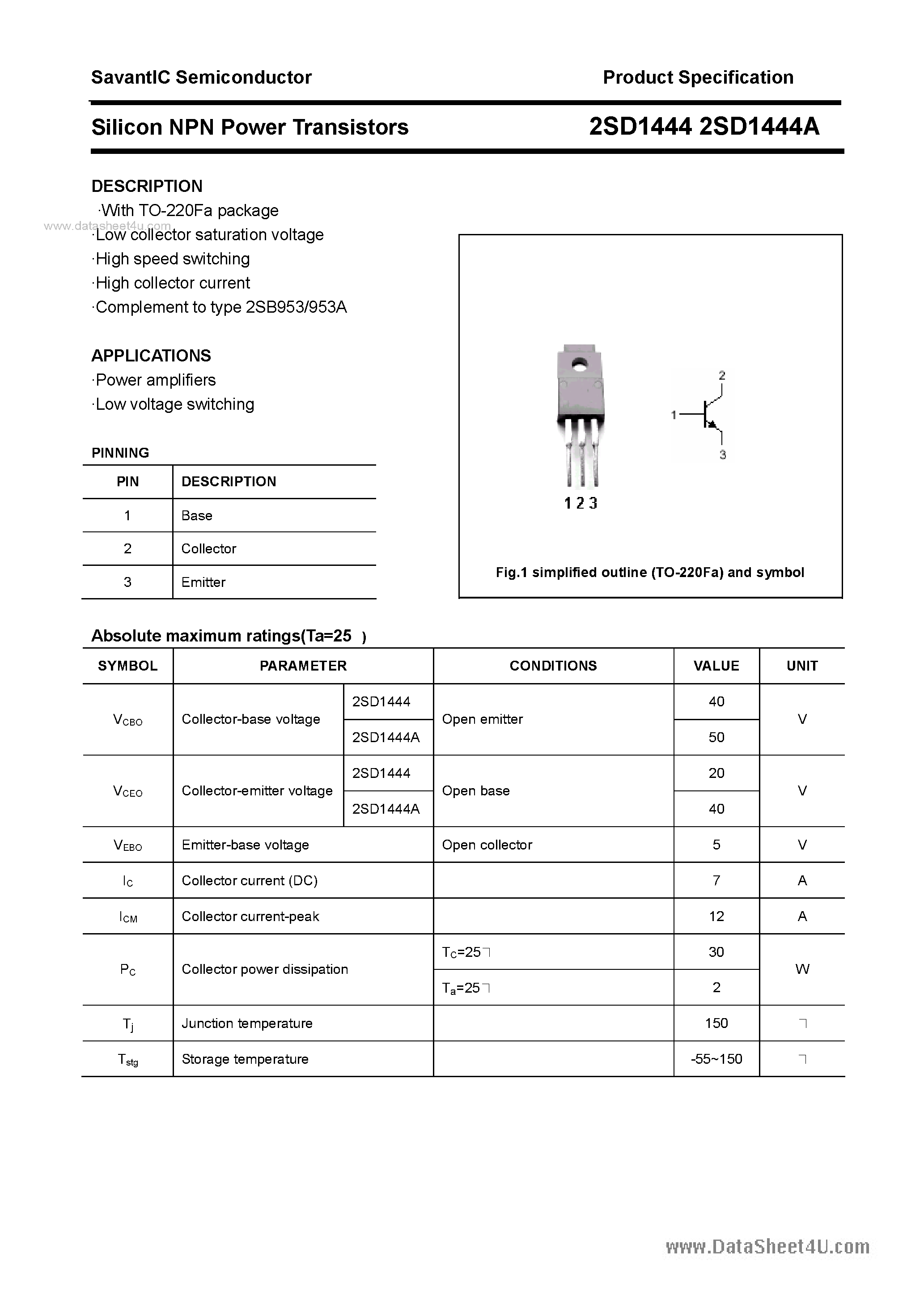 Datasheet 2SD1444 - SILICON POWER TRANSISTOR page 1