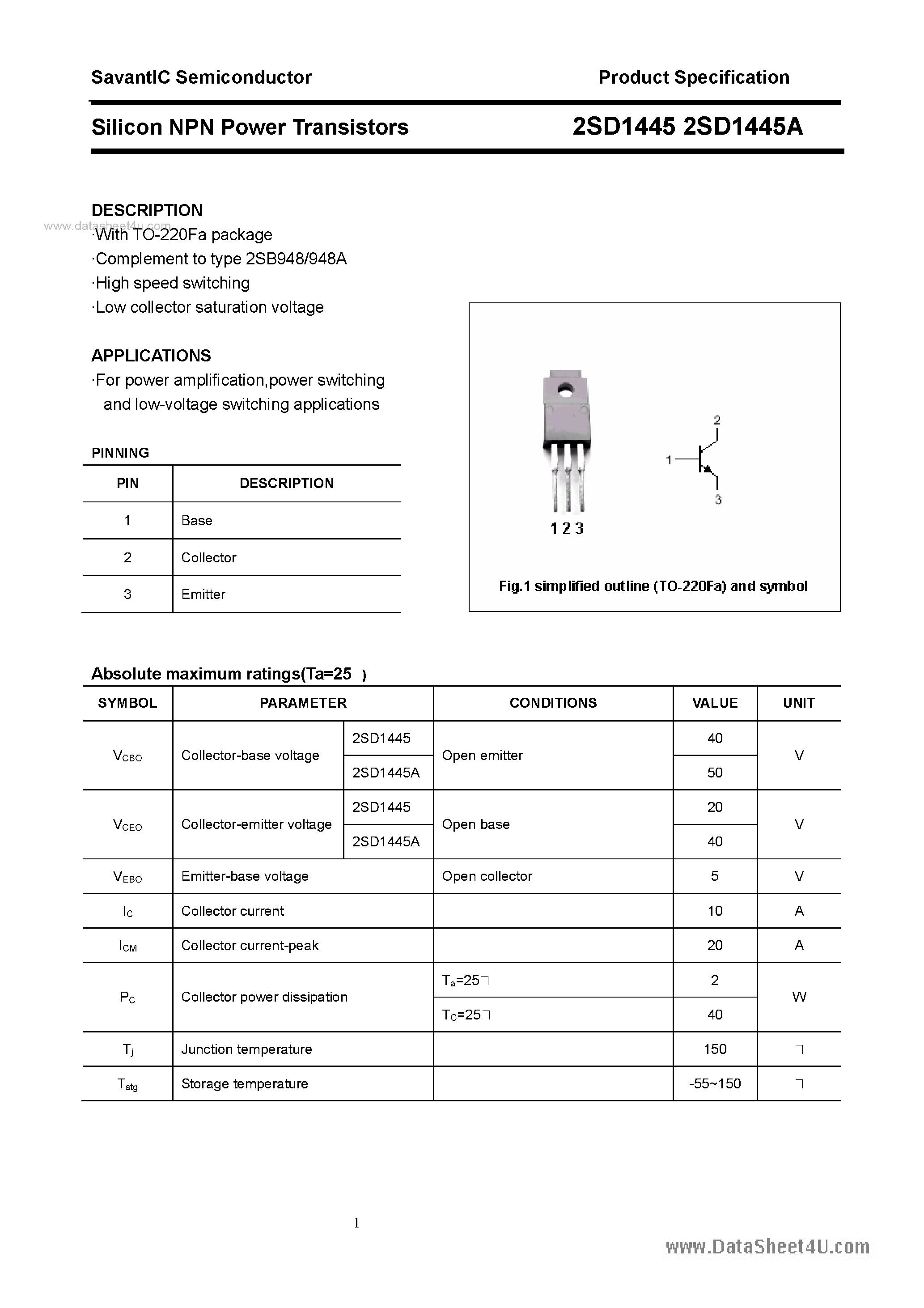 Datasheet 2SD1445 - SILICON POWER TRANSISTOR page 1