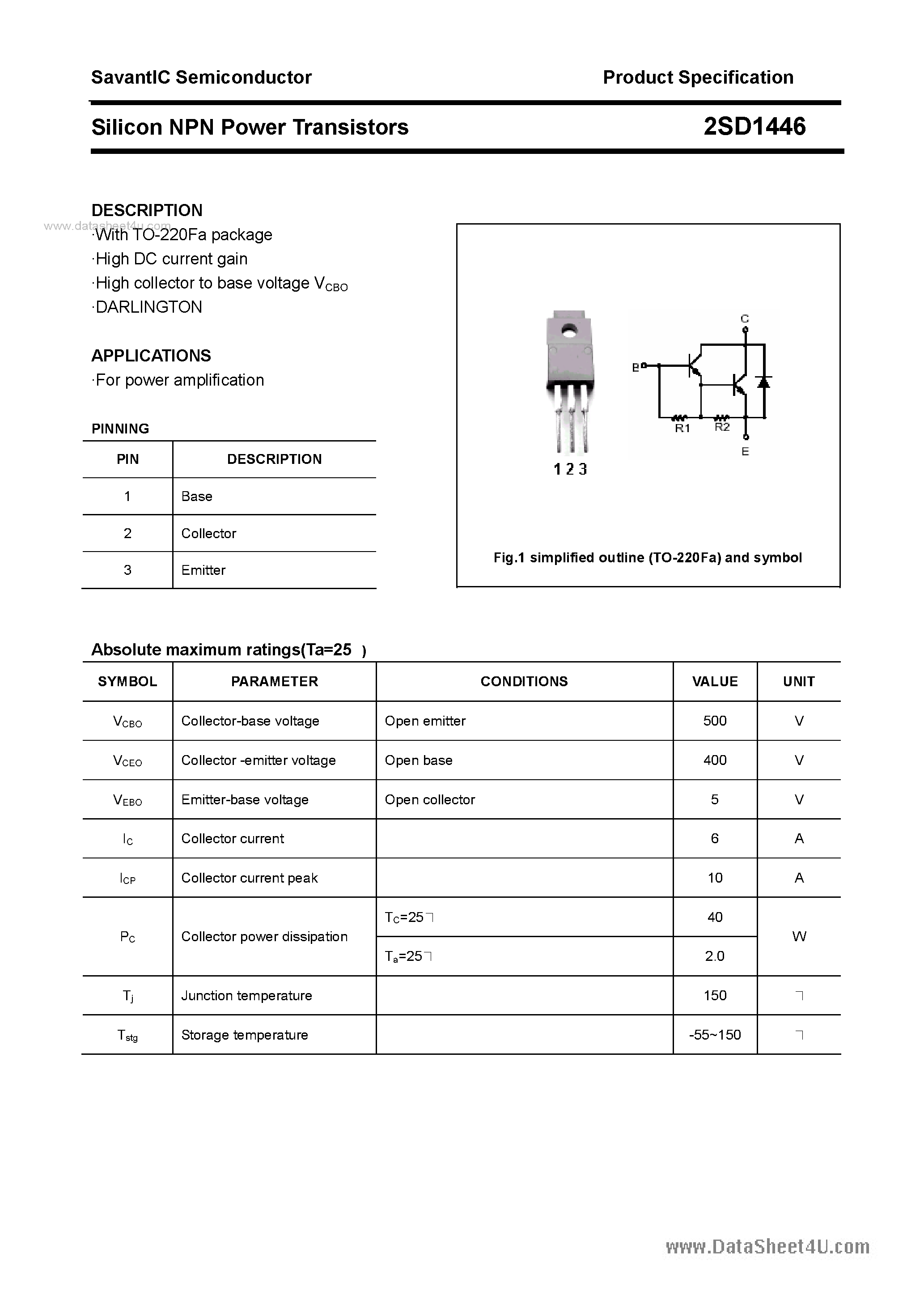 Datasheet 2SD1446 - SILICON POWER TRANSISTOR page 1