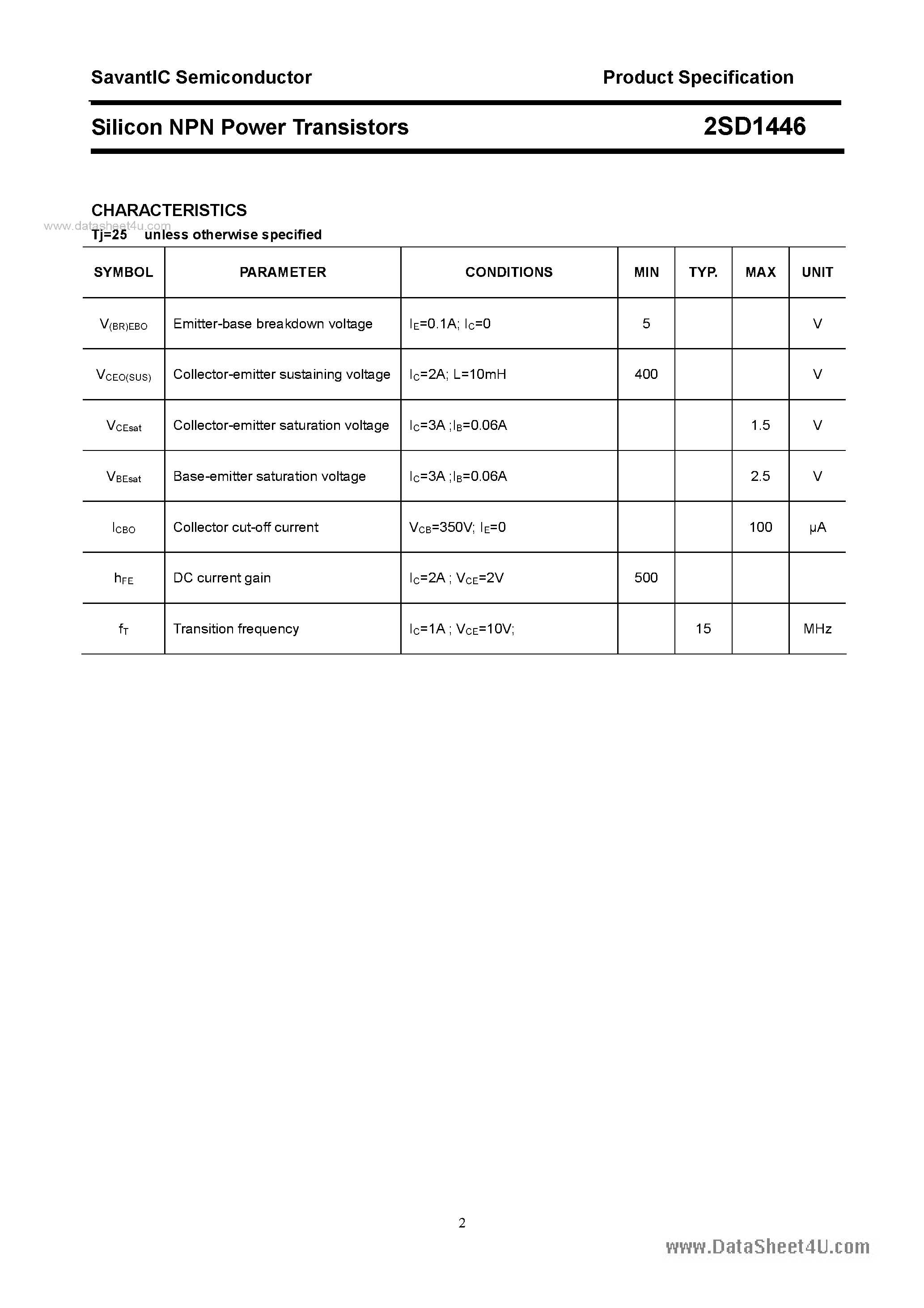 Datasheet 2SD1446 - SILICON POWER TRANSISTOR page 2