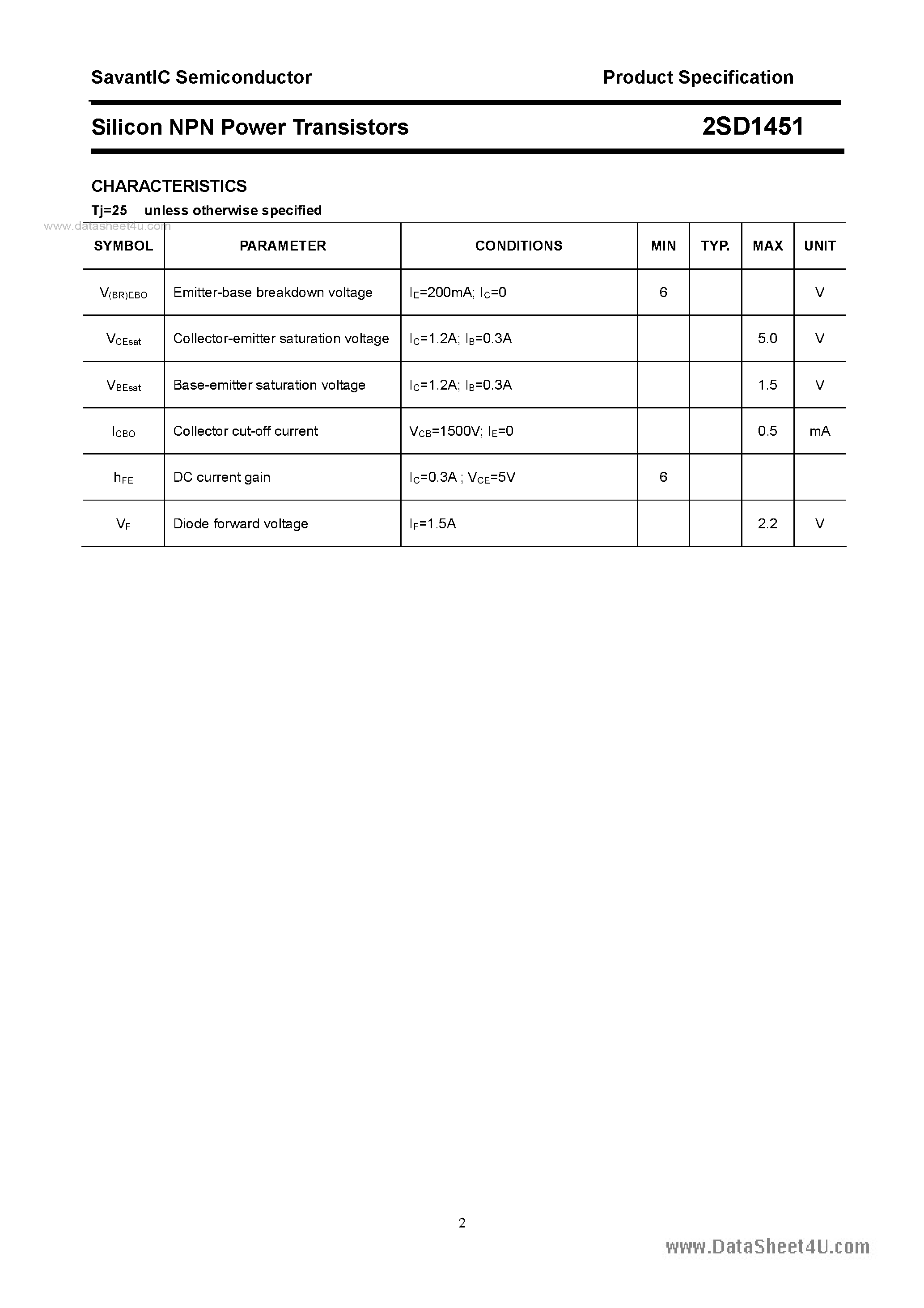 Datasheet 2SD1451 - SILICON POWER TRANSISTOR page 2