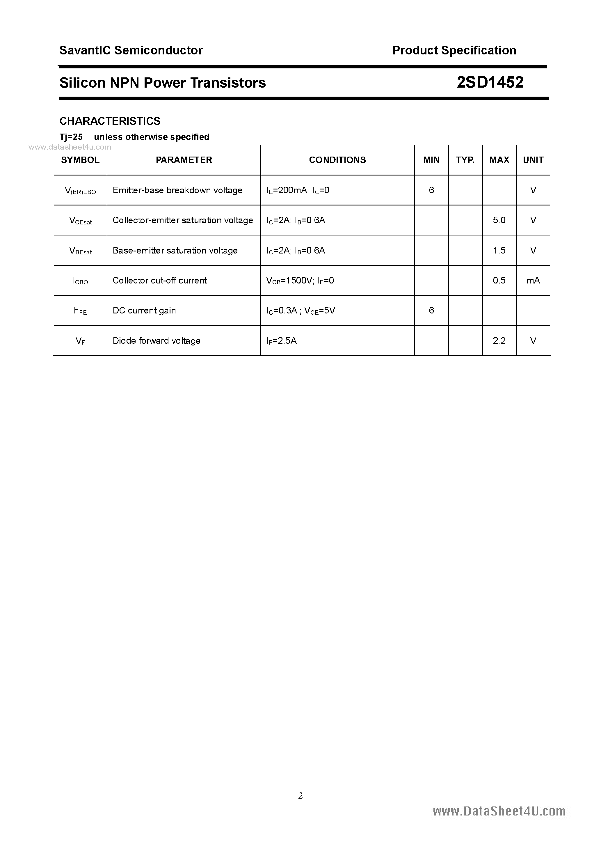 Datasheet 2SD1452 - SILICON POWER TRANSISTOR page 2