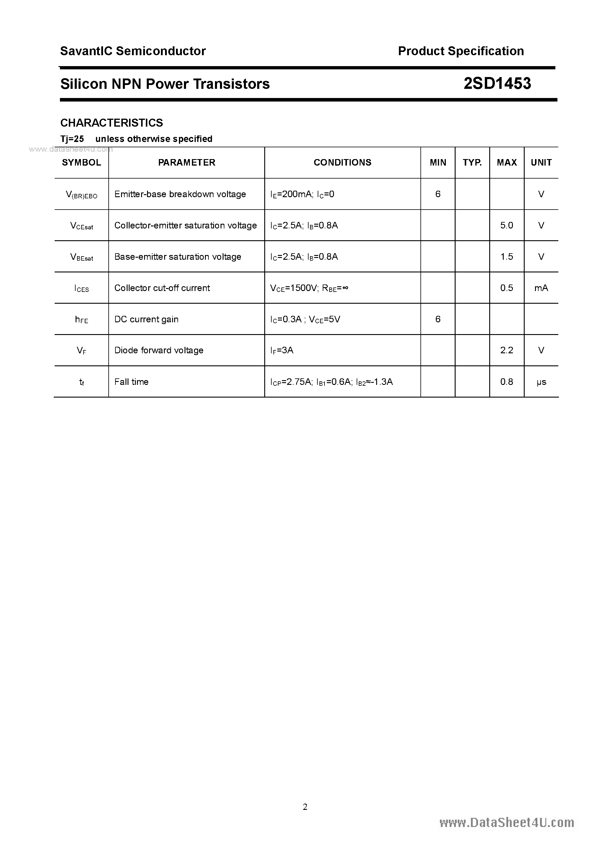 Datasheet 2SD1453 - SILICON POWER TRANSISTOR page 2