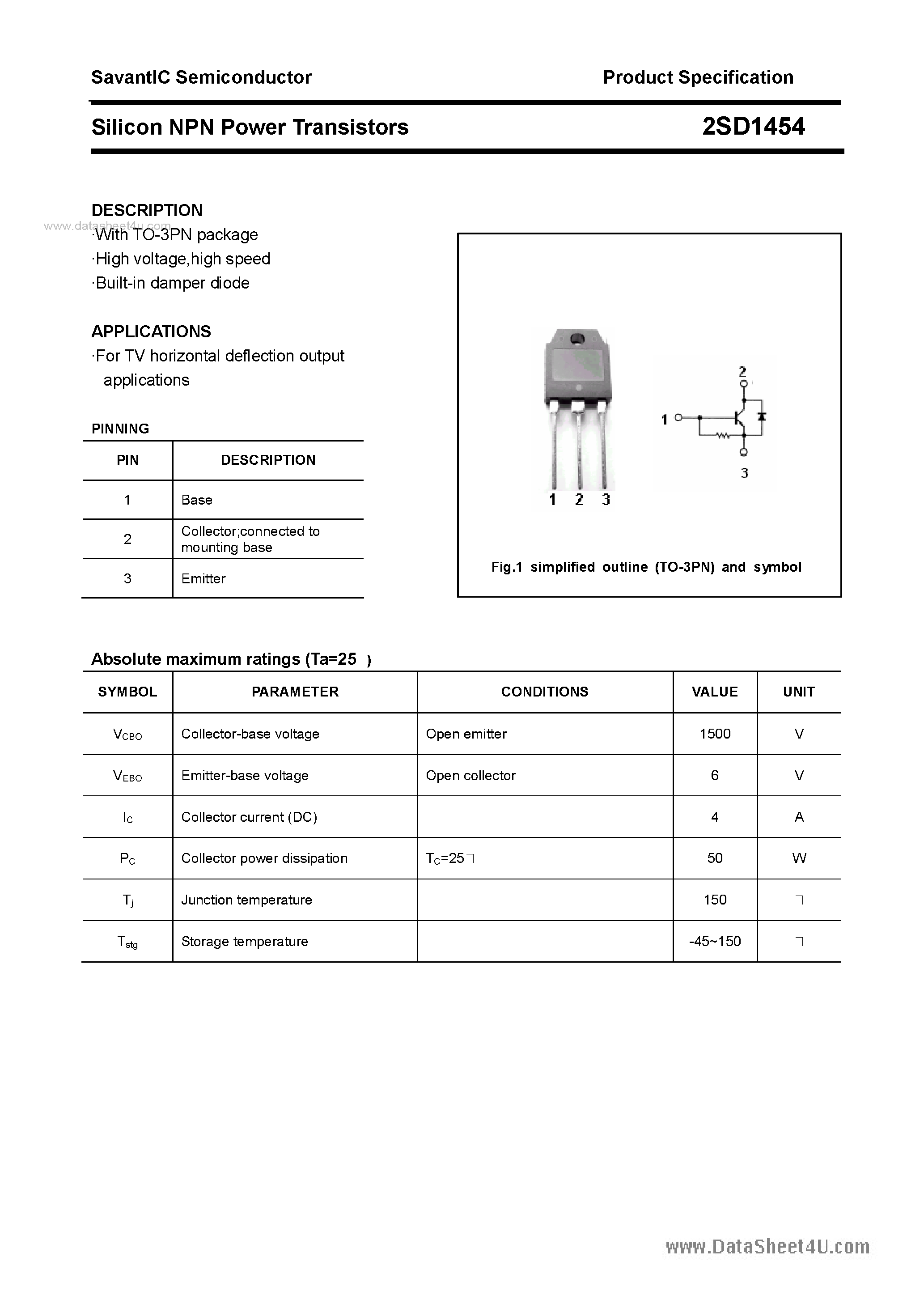 Datasheet 2SD1454 - SILICON POWER TRANSISTOR page 1