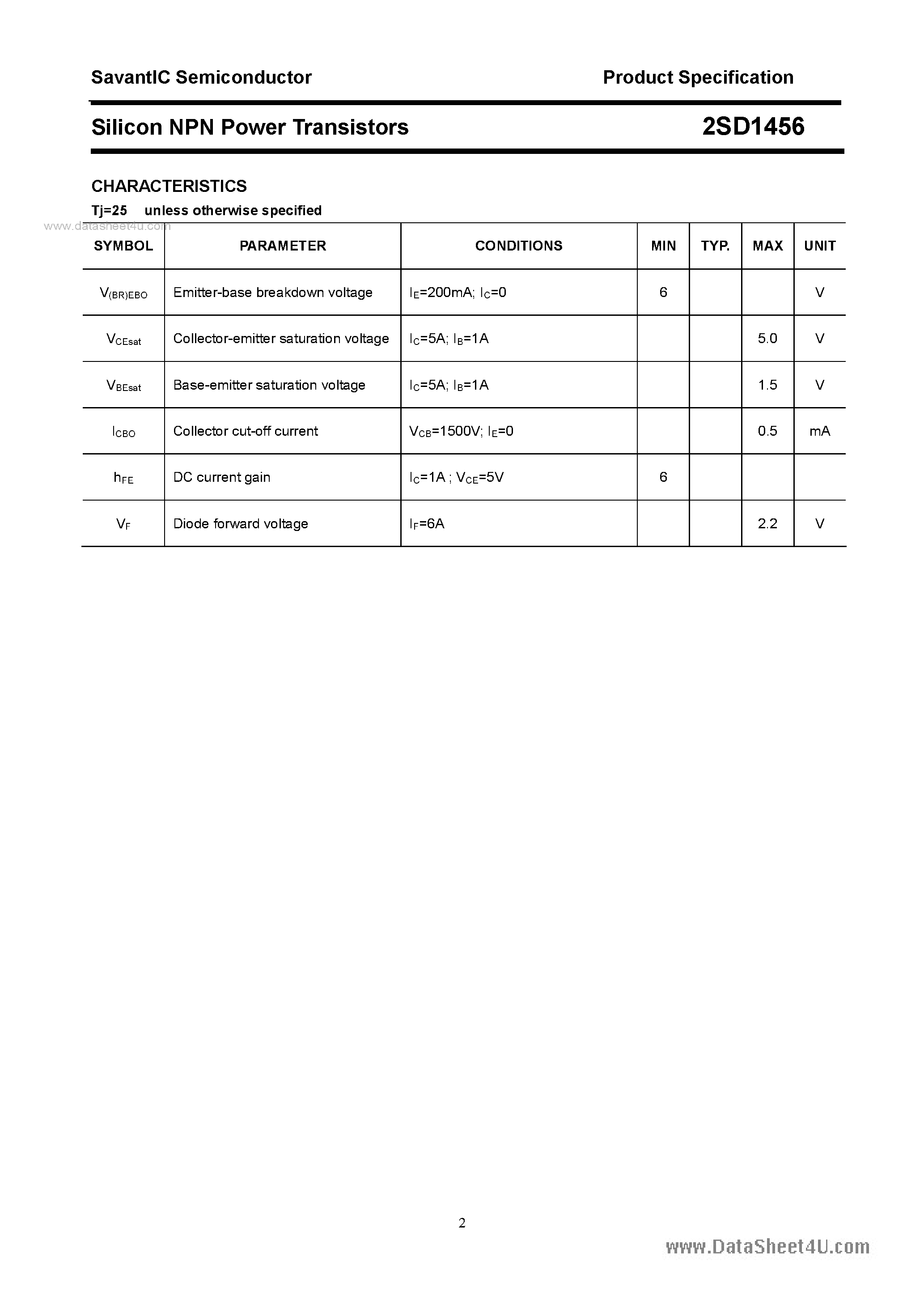 Datasheet 2SD1456 - SILICON POWER TRANSISTOR page 2