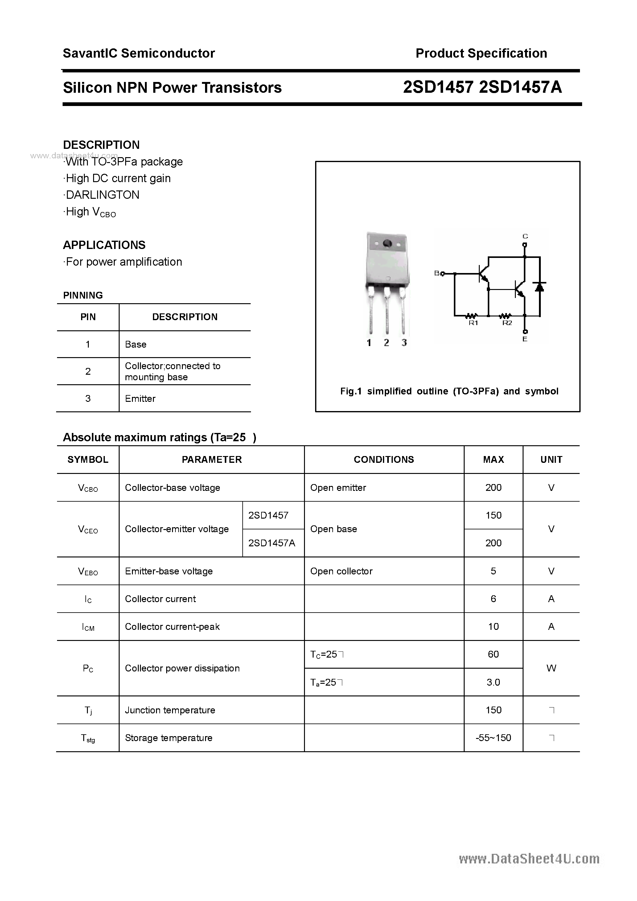 Datasheet 2SD1457 - SILICON POWER TRANSISTOR page 1