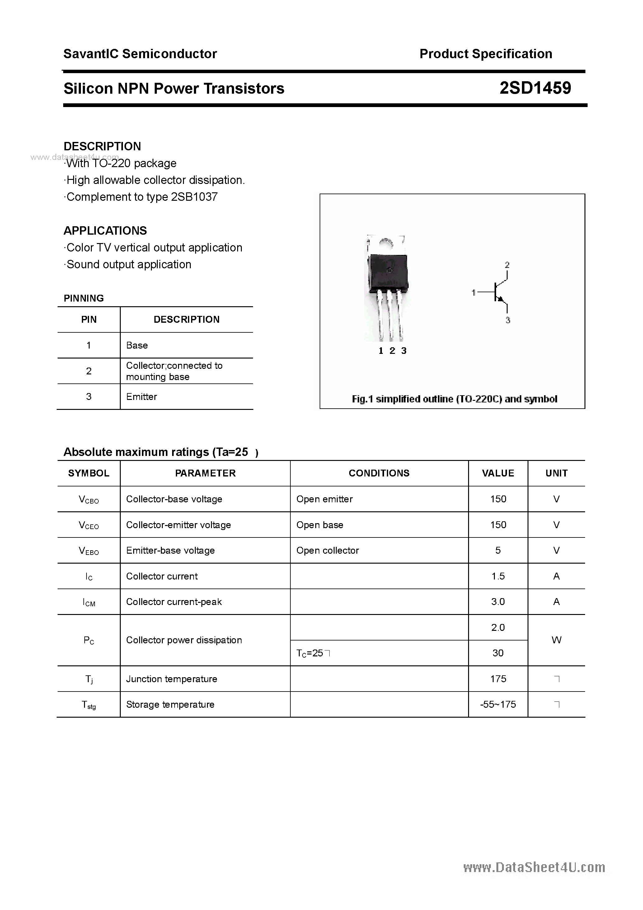 Datasheet 2SD1459 - SILICON POWER TRANSISTOR page 1