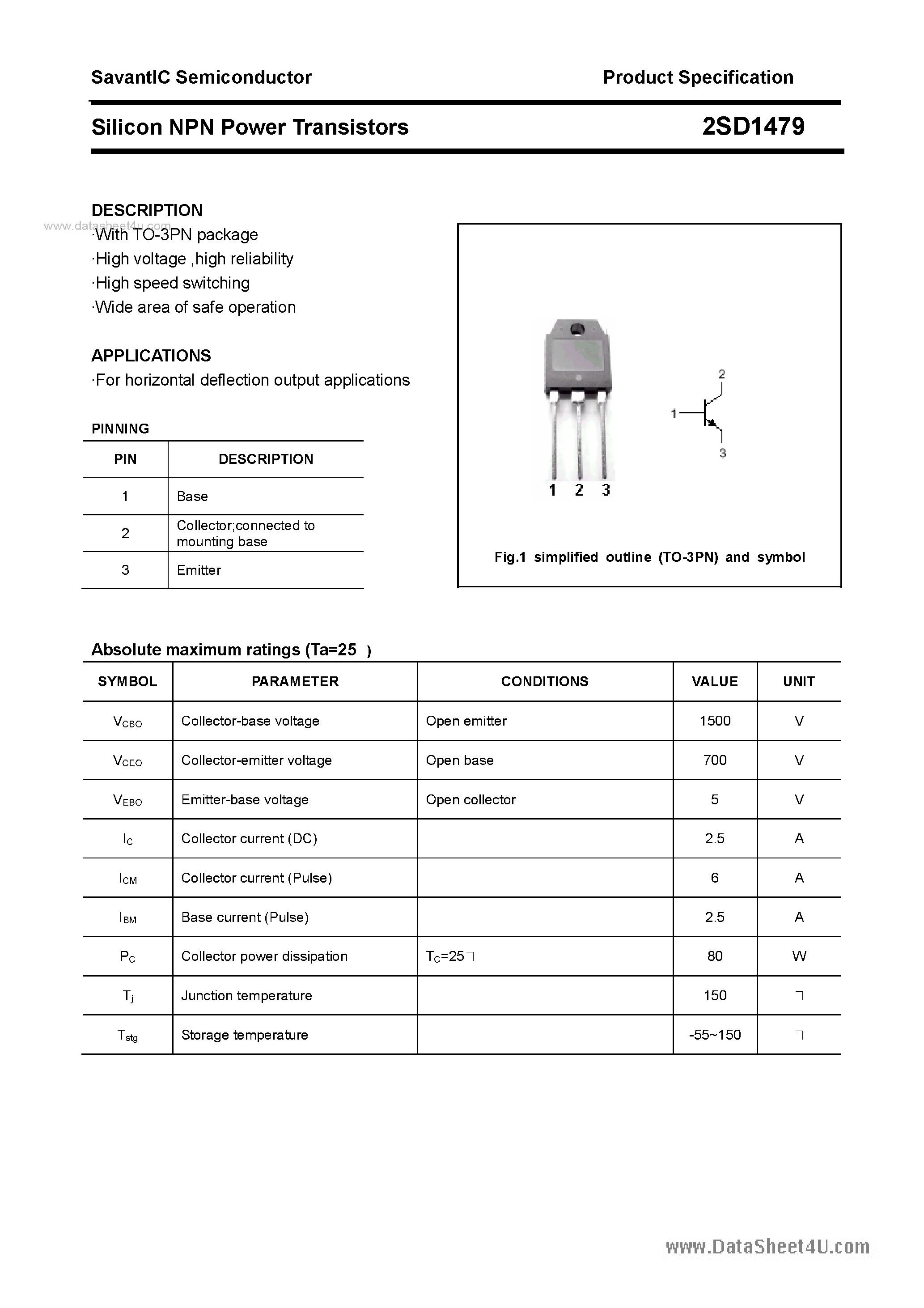 Datasheet 2SD1479 - SILICON POWER TRANSISTOR page 1