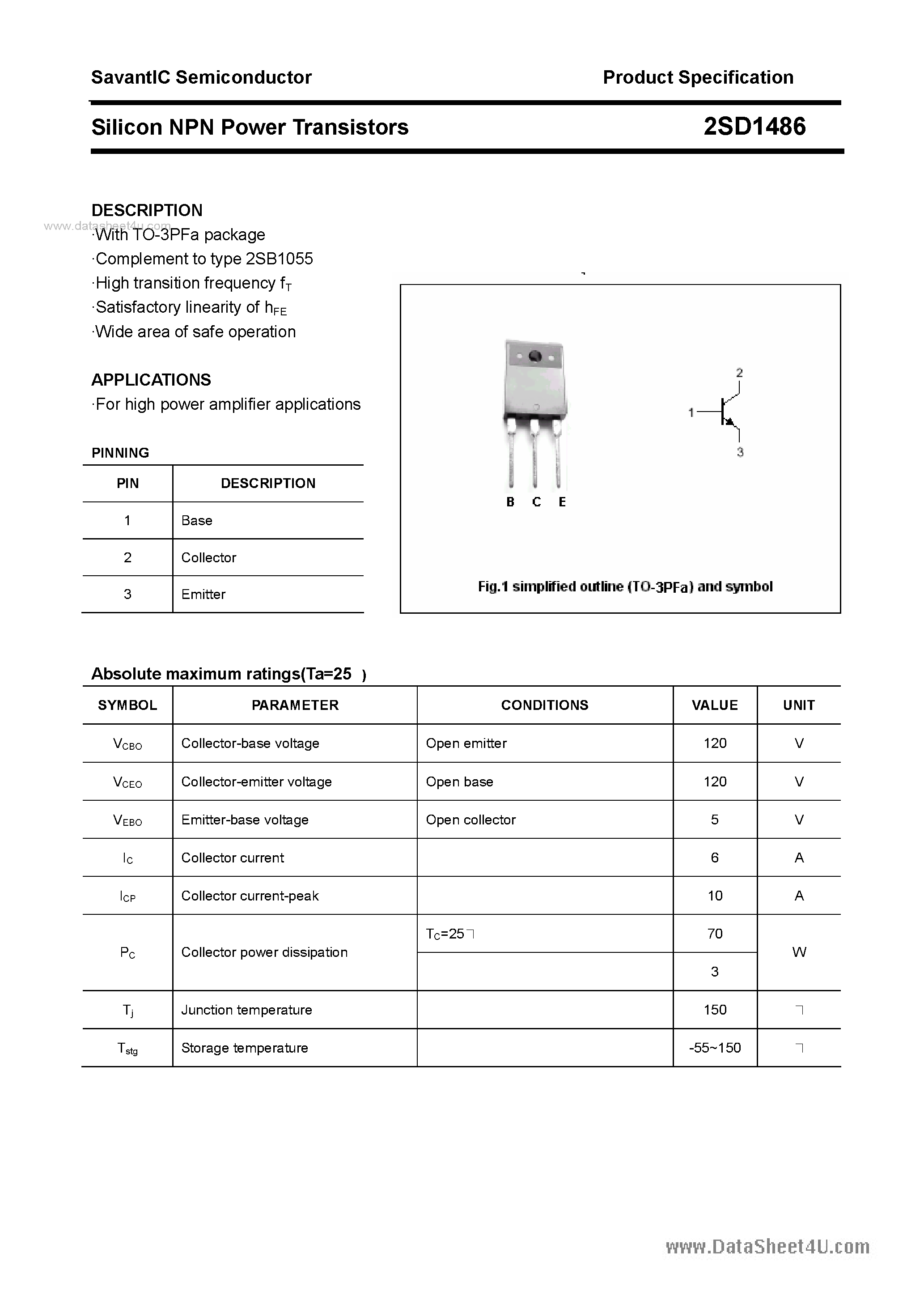 Datasheet 2SD1486 - SILICON POWER TRANSISTOR page 1