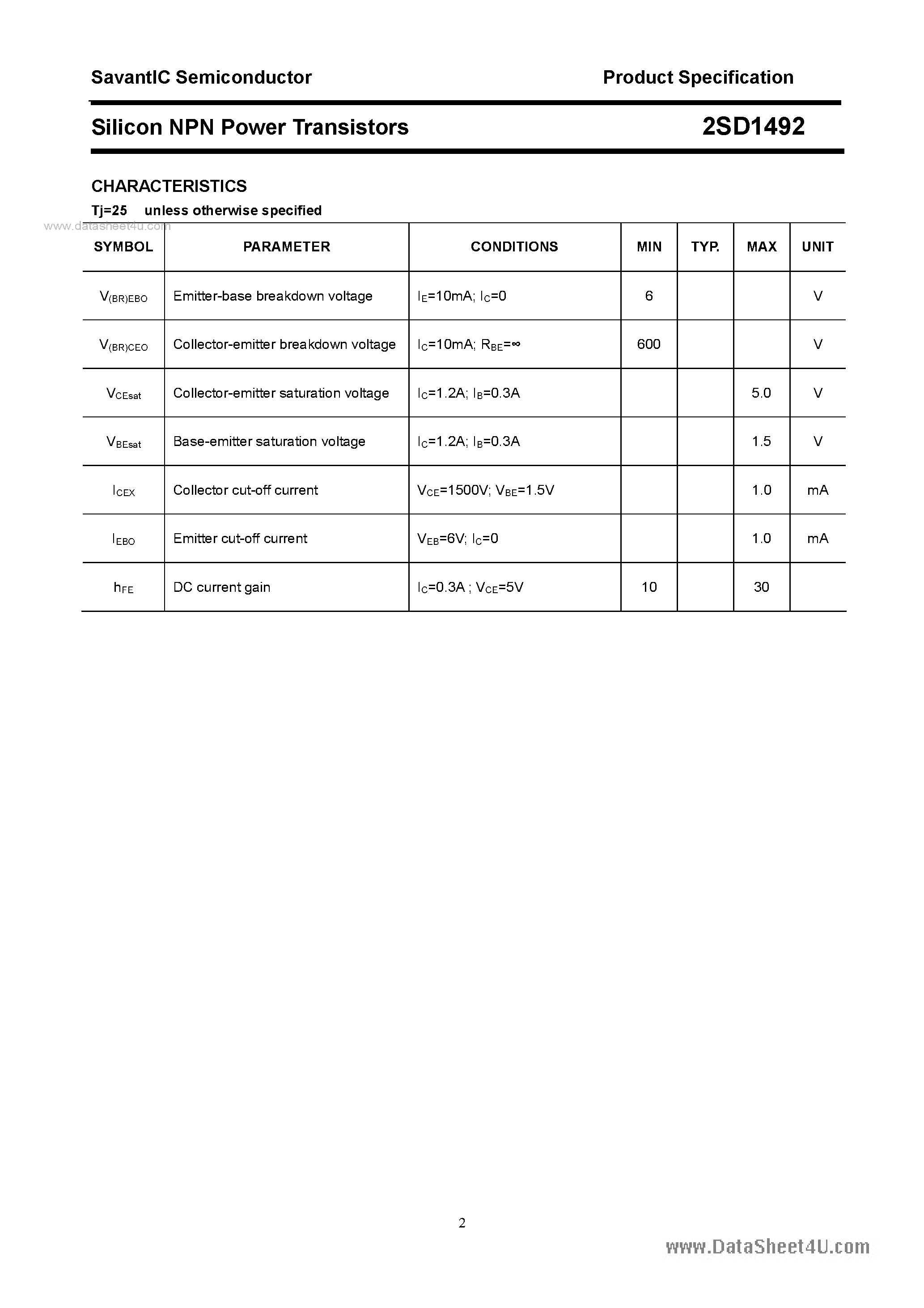 Datasheet 2SD1492 - SILICON POWER TRANSISTOR page 2