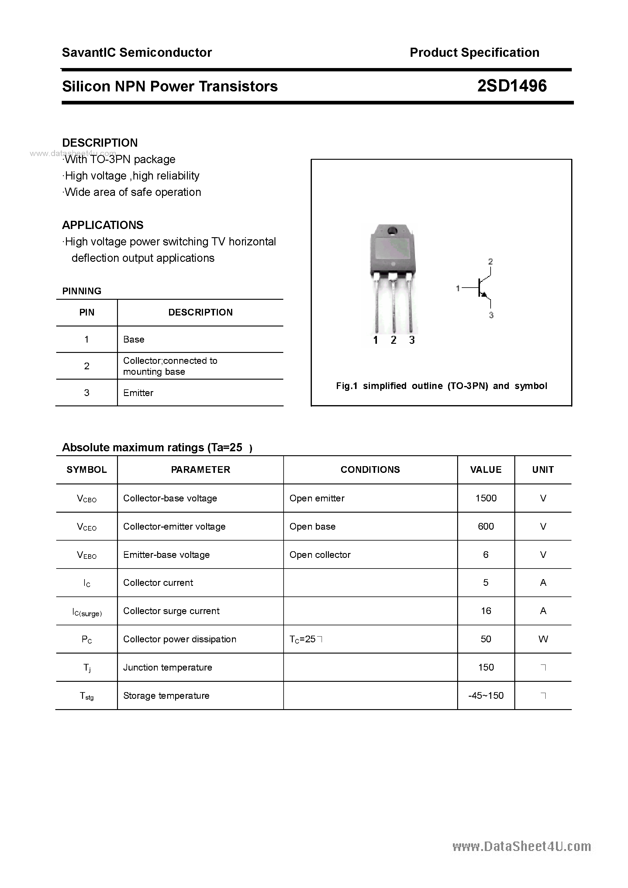 Datasheet 2SD1496 - SILICON POWER TRANSISTOR page 1