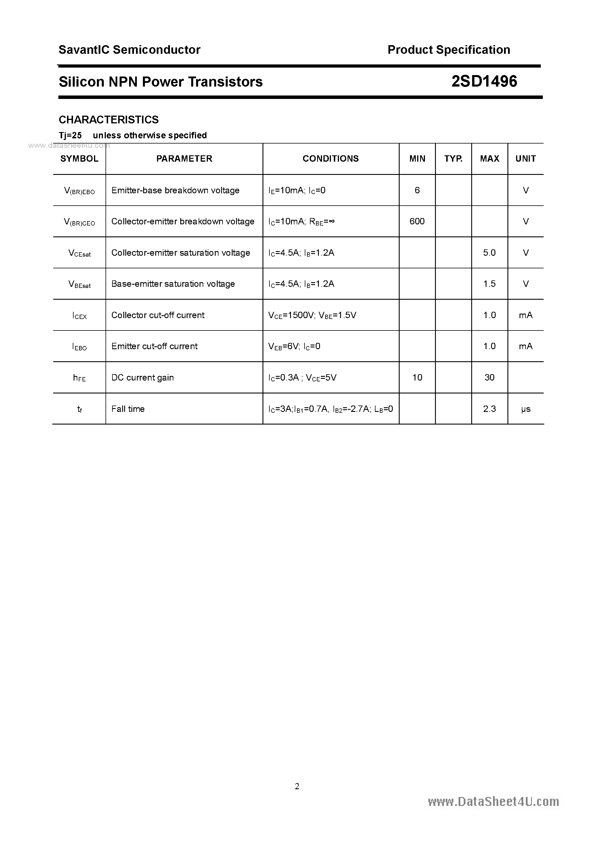 Datasheet 2SD1496 - SILICON POWER TRANSISTOR page 2