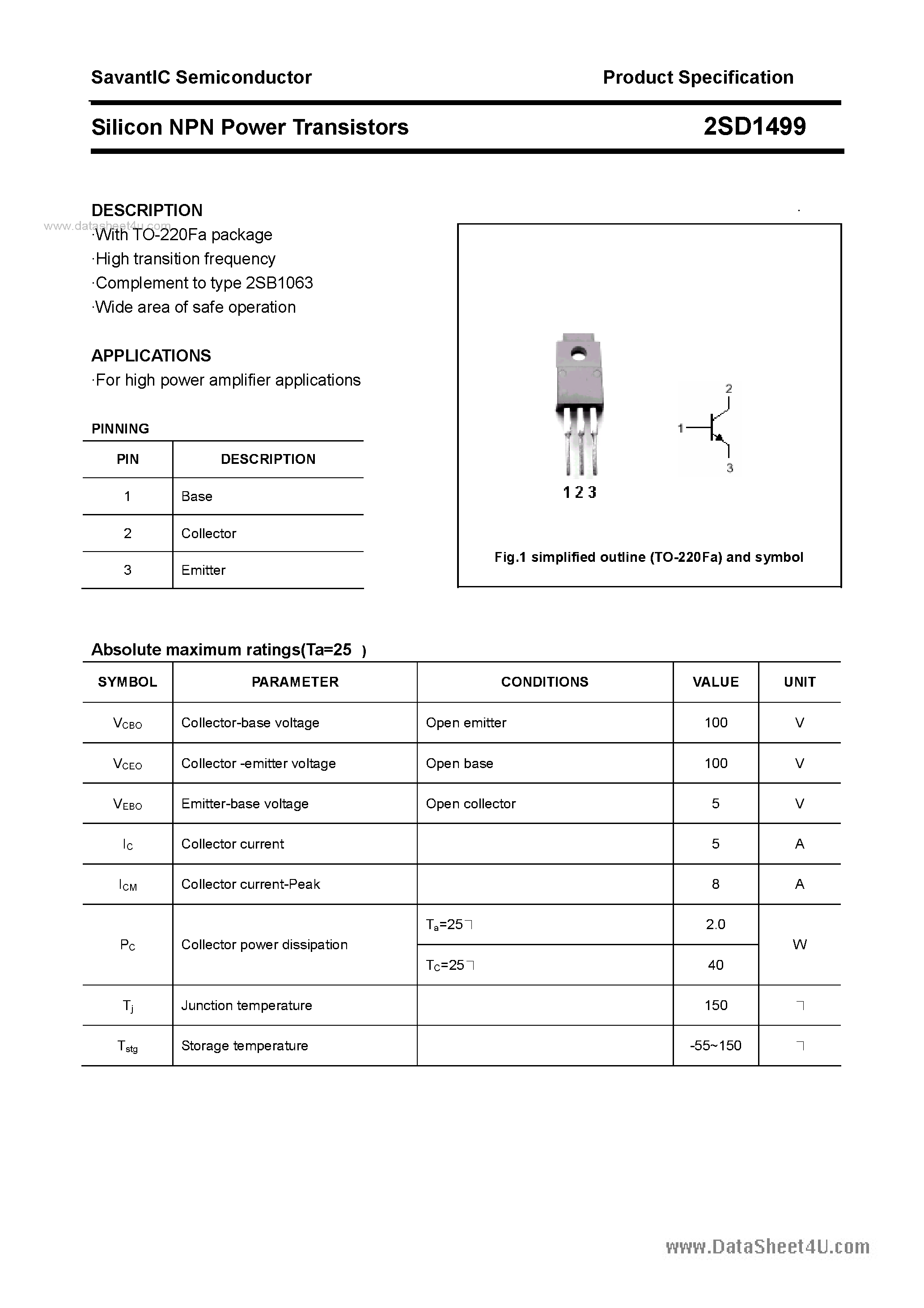 Datasheet 2SD1499 - SILICON POWER TRANSISTOR page 1