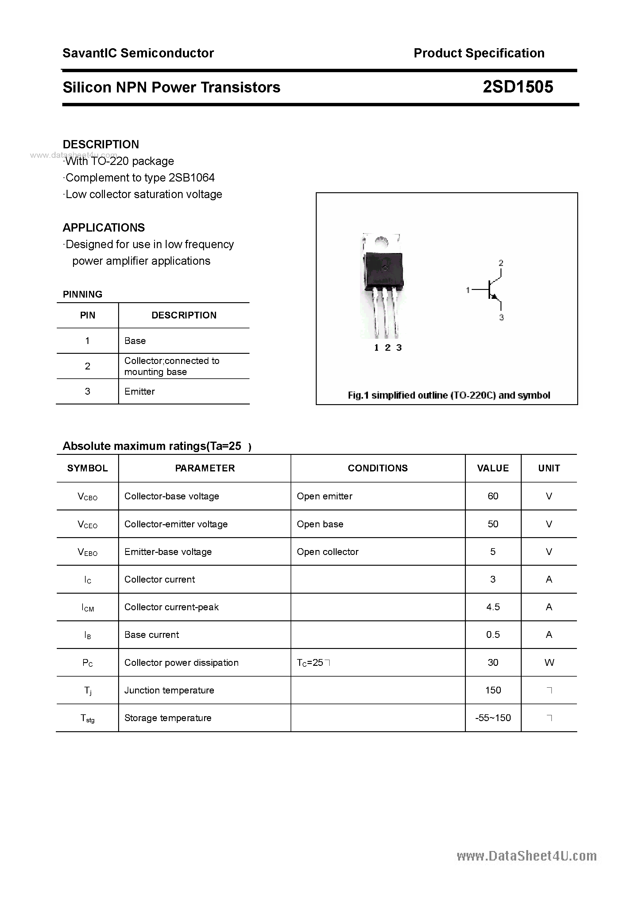 Datasheet 2SD1505 - SILICON POWER TRANSISTOR page 1