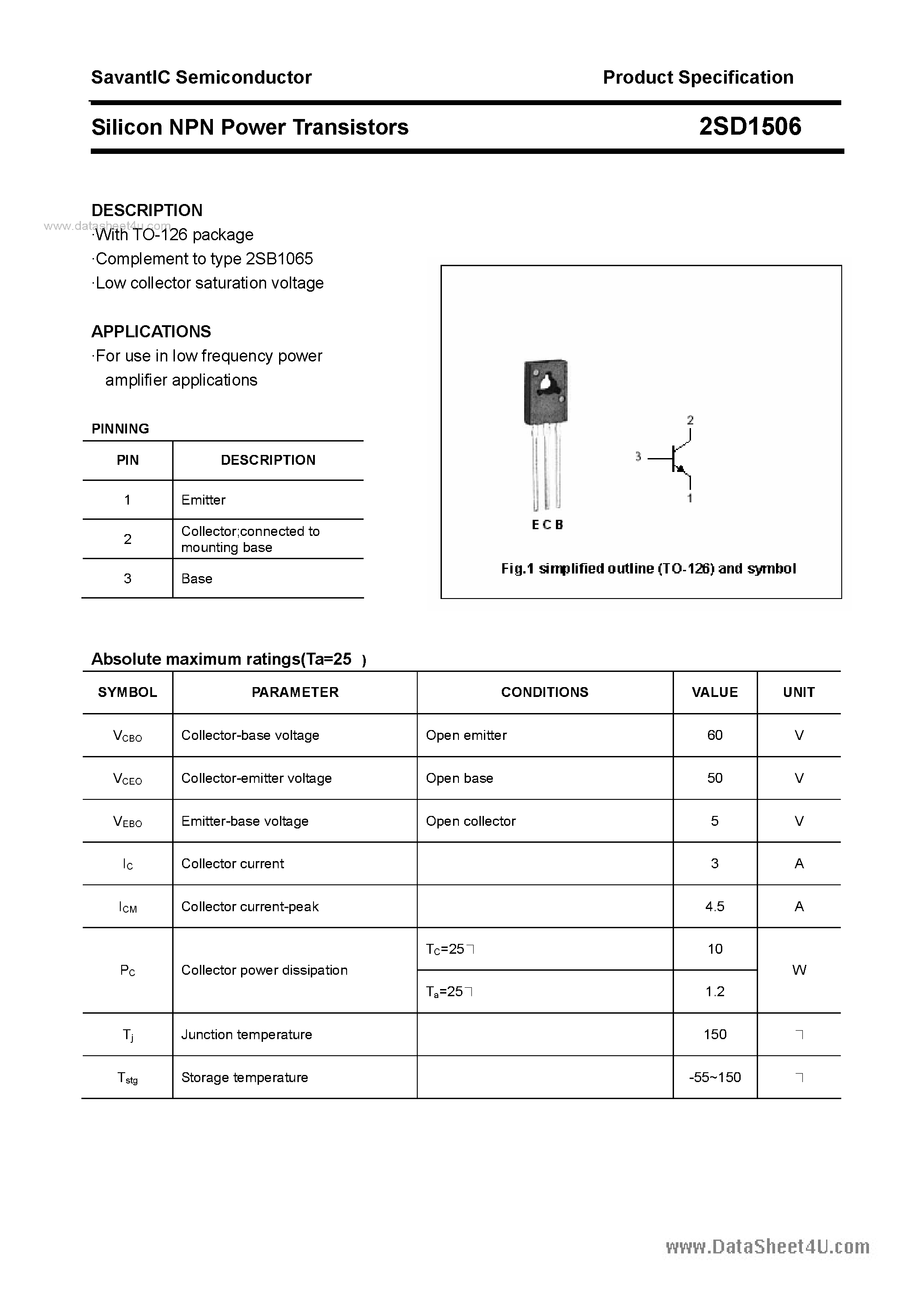 Datasheet 2SD1506 - SILICON POWER TRANSISTOR page 1