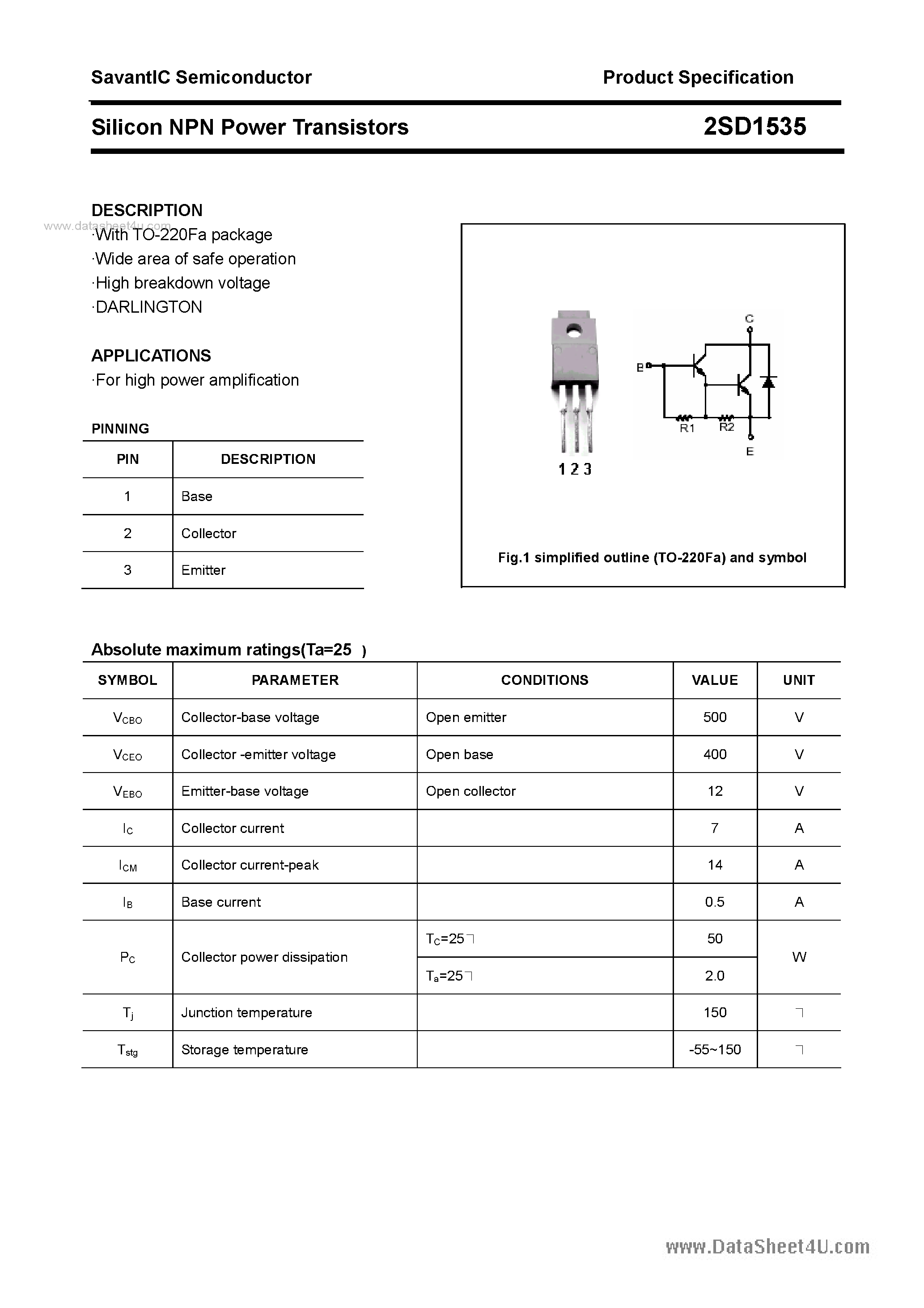 Datasheet 2SD1535 - SILICON POWER TRANSISTOR page 1