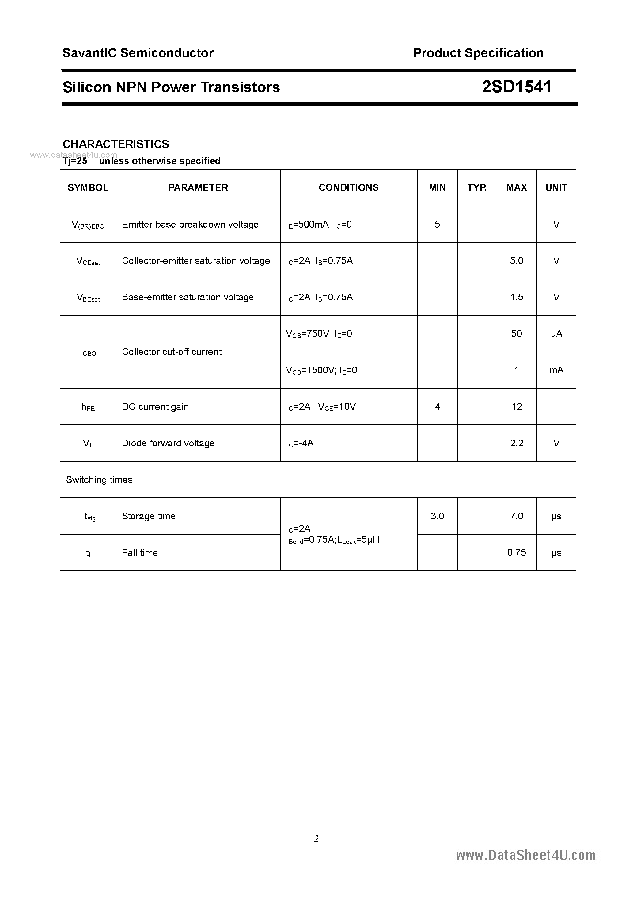 Datasheet 2SD1541 - SILICON POWER TRANSISTOR page 2