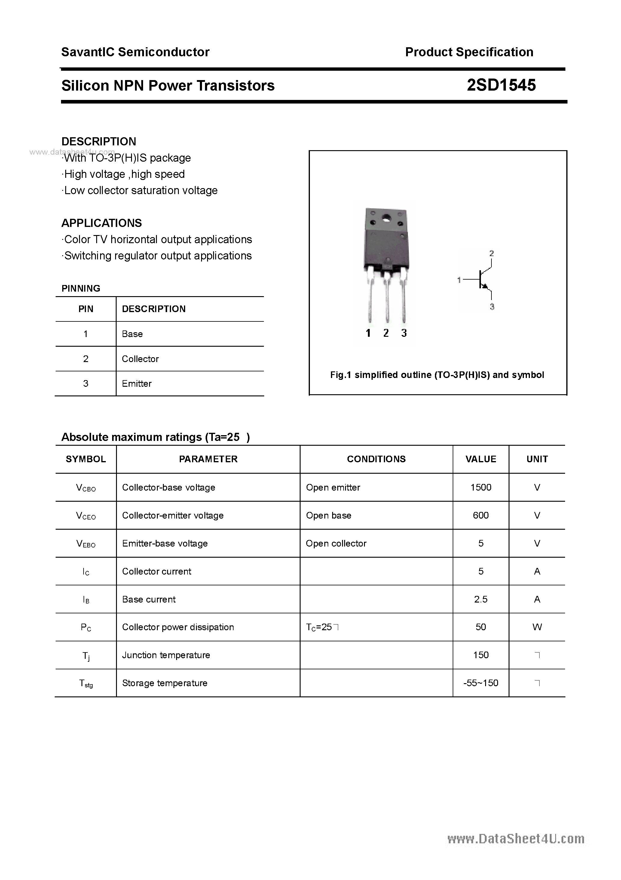 Datasheet 2SD1545 - SILICON POWER TRANSISTOR page 1