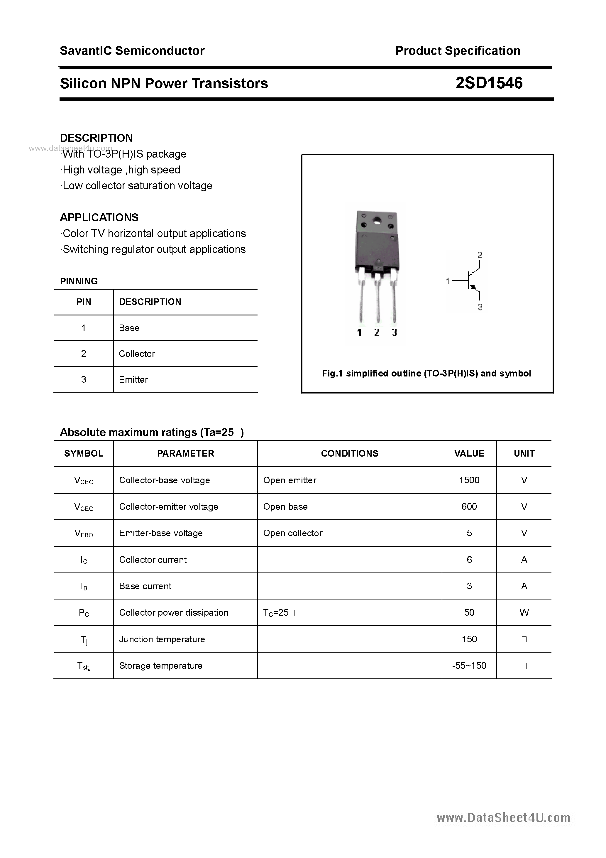 Datasheet 2SD1546 - SILICON POWER TRANSISTOR page 1