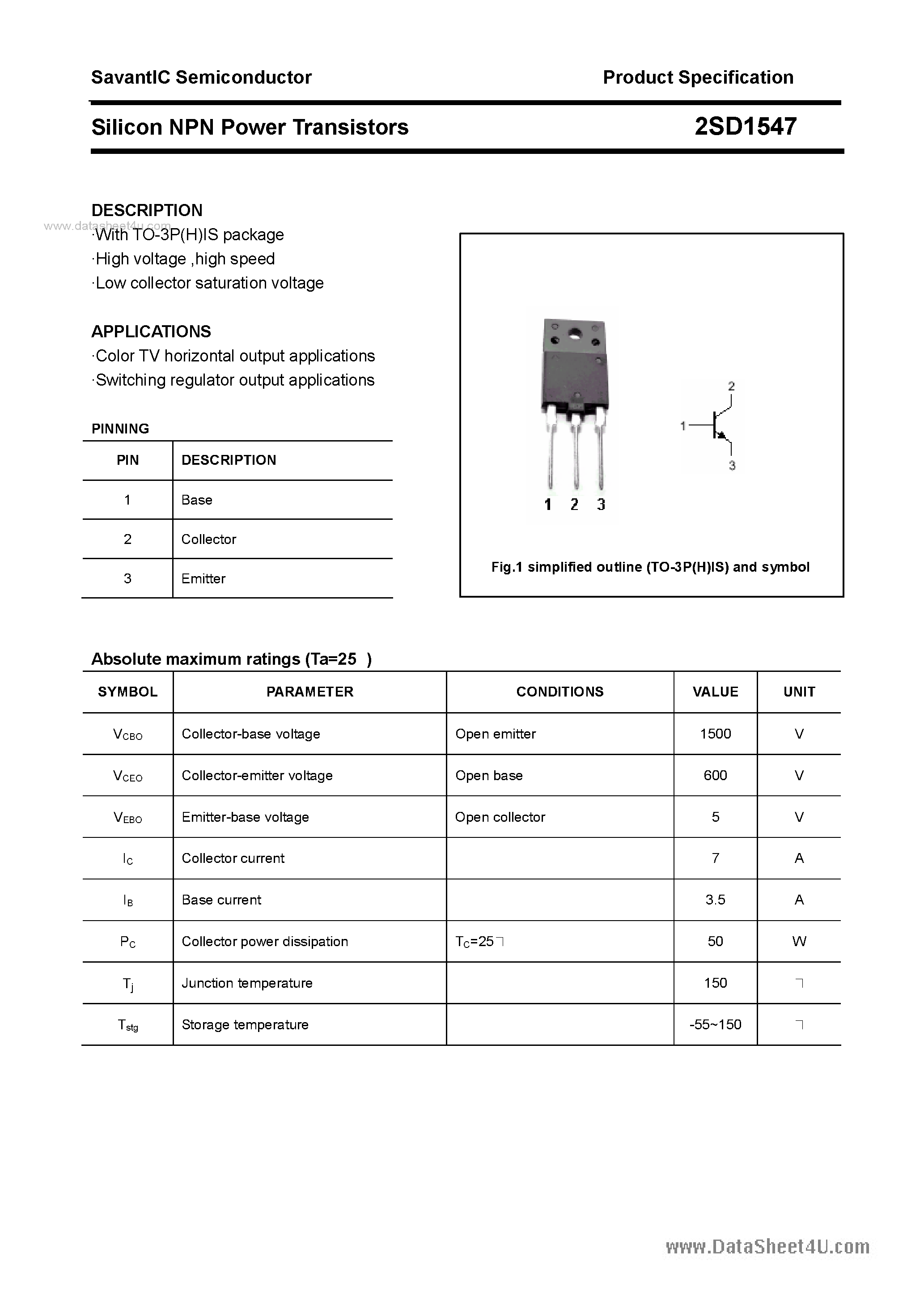 Datasheet 2SD1547 - SILICON POWER TRANSISTOR page 1