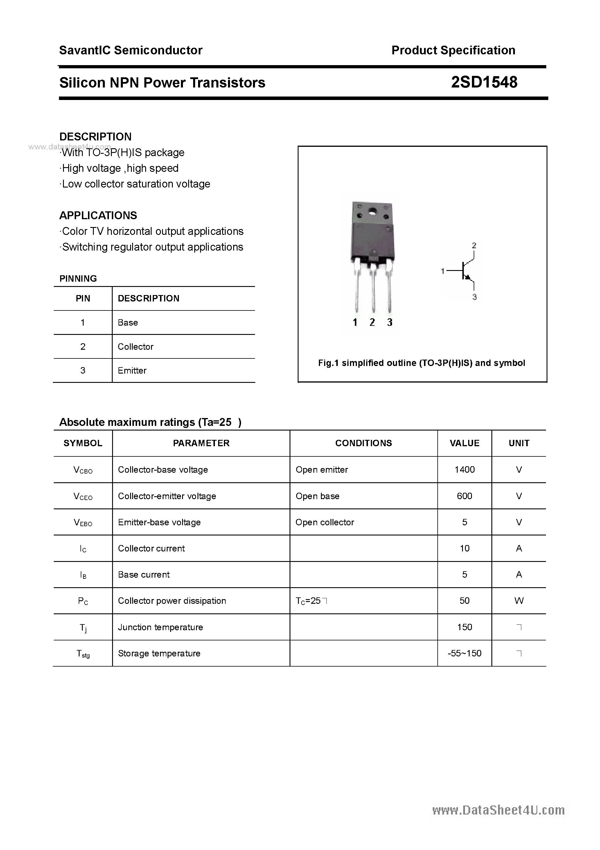 Datasheet 2SD1548 - SILICON POWER TRANSISTOR page 1
