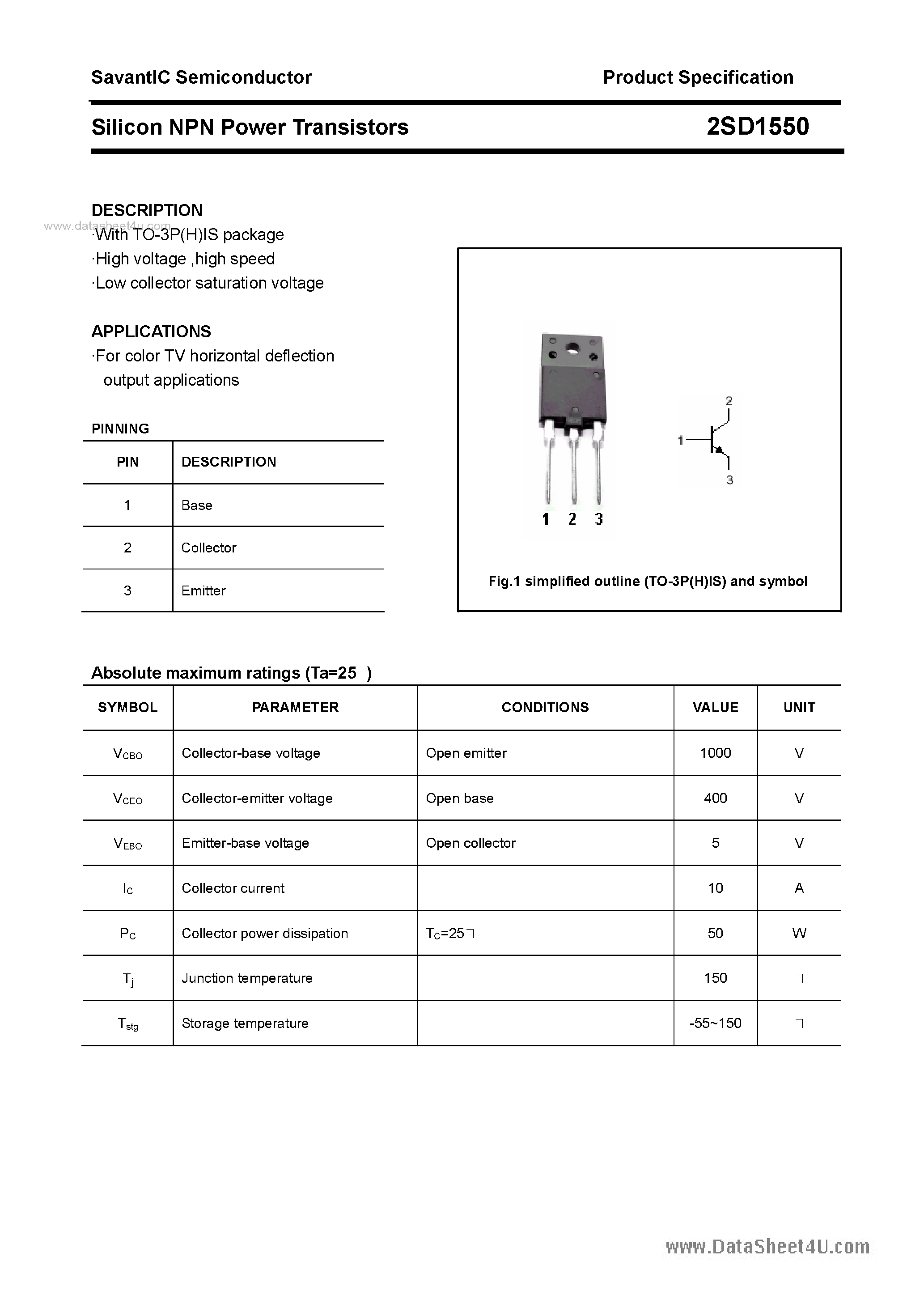 Datasheet 2SD1550 - SILICON POWER TRANSISTOR page 1