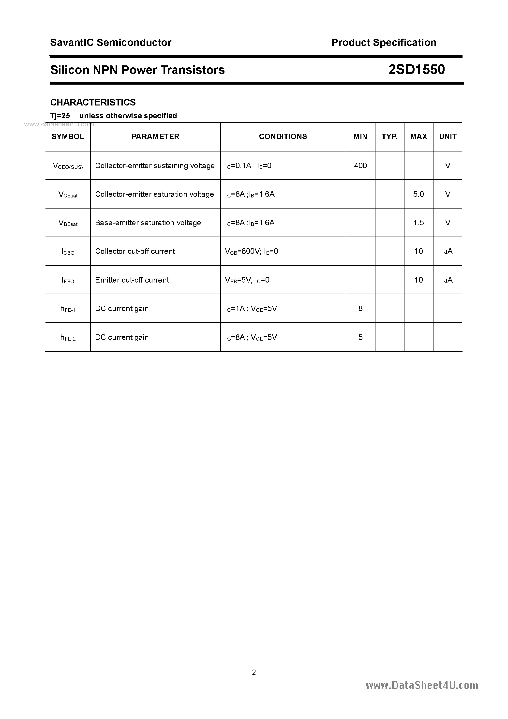 Datasheet 2SD1550 - SILICON POWER TRANSISTOR page 2