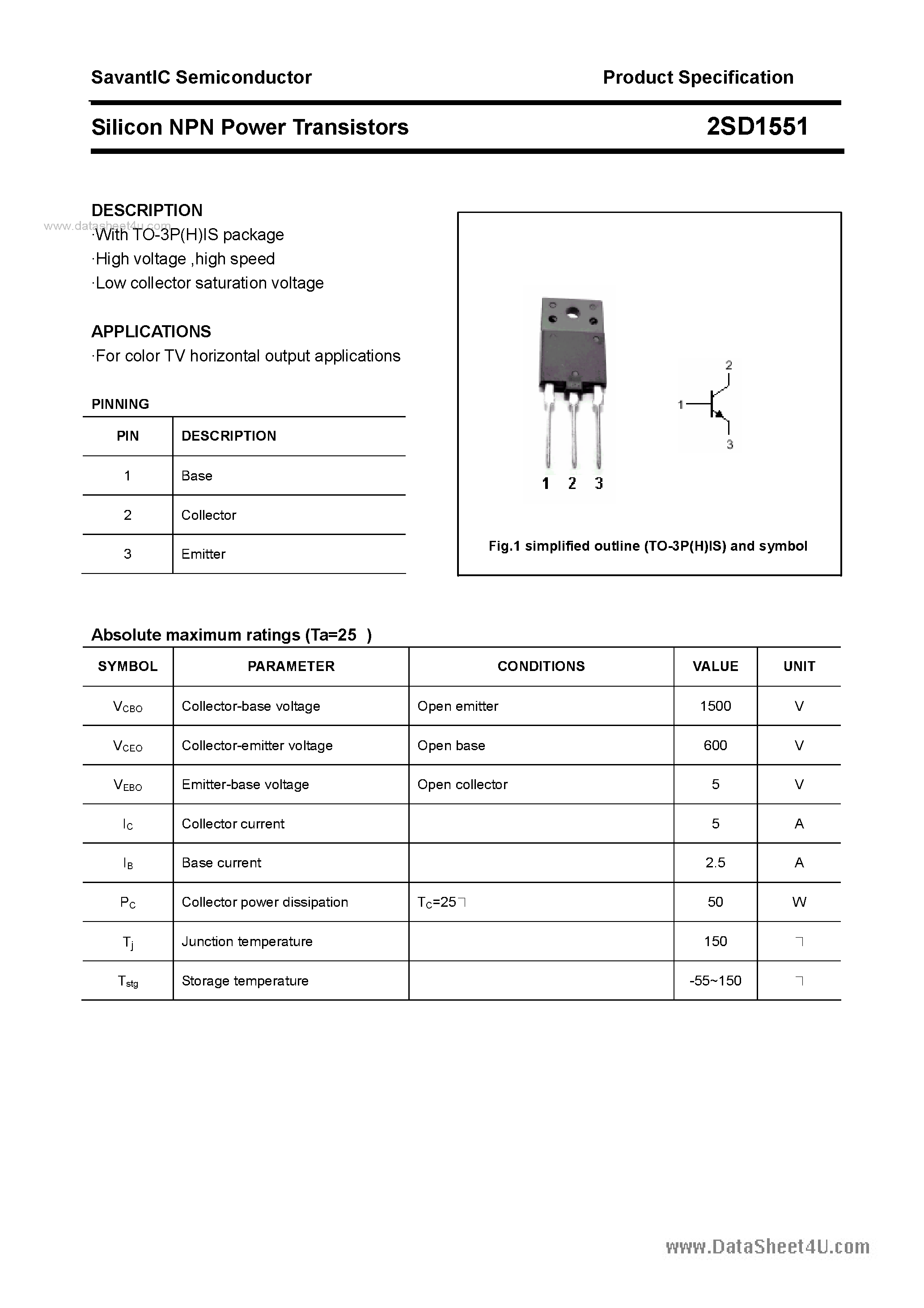 Datasheet 2SD1551 - SILICON POWER TRANSISTOR page 1