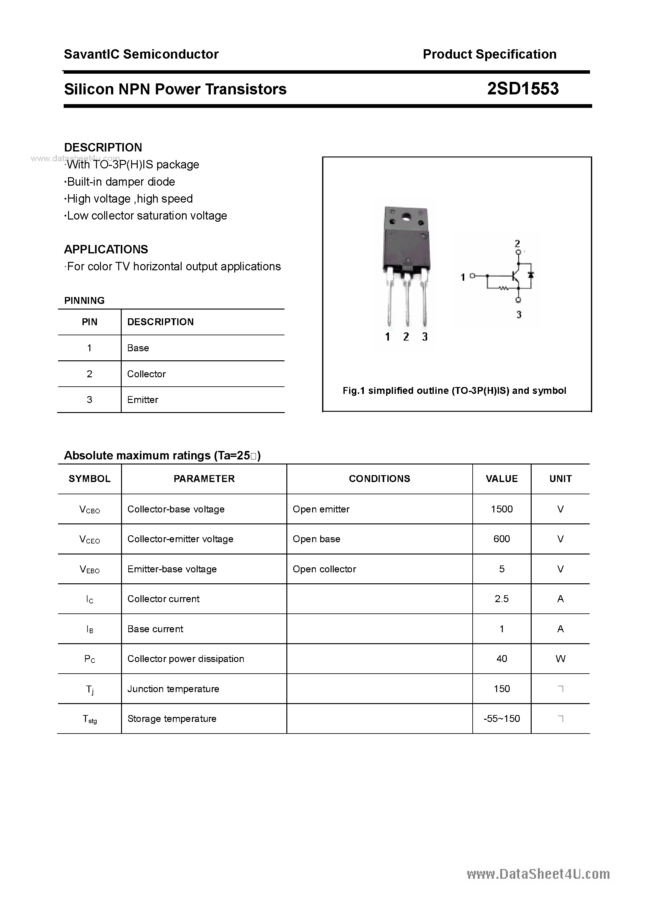 Datasheet 2SD1553 - SILICON POWER TRANSISTOR page 1