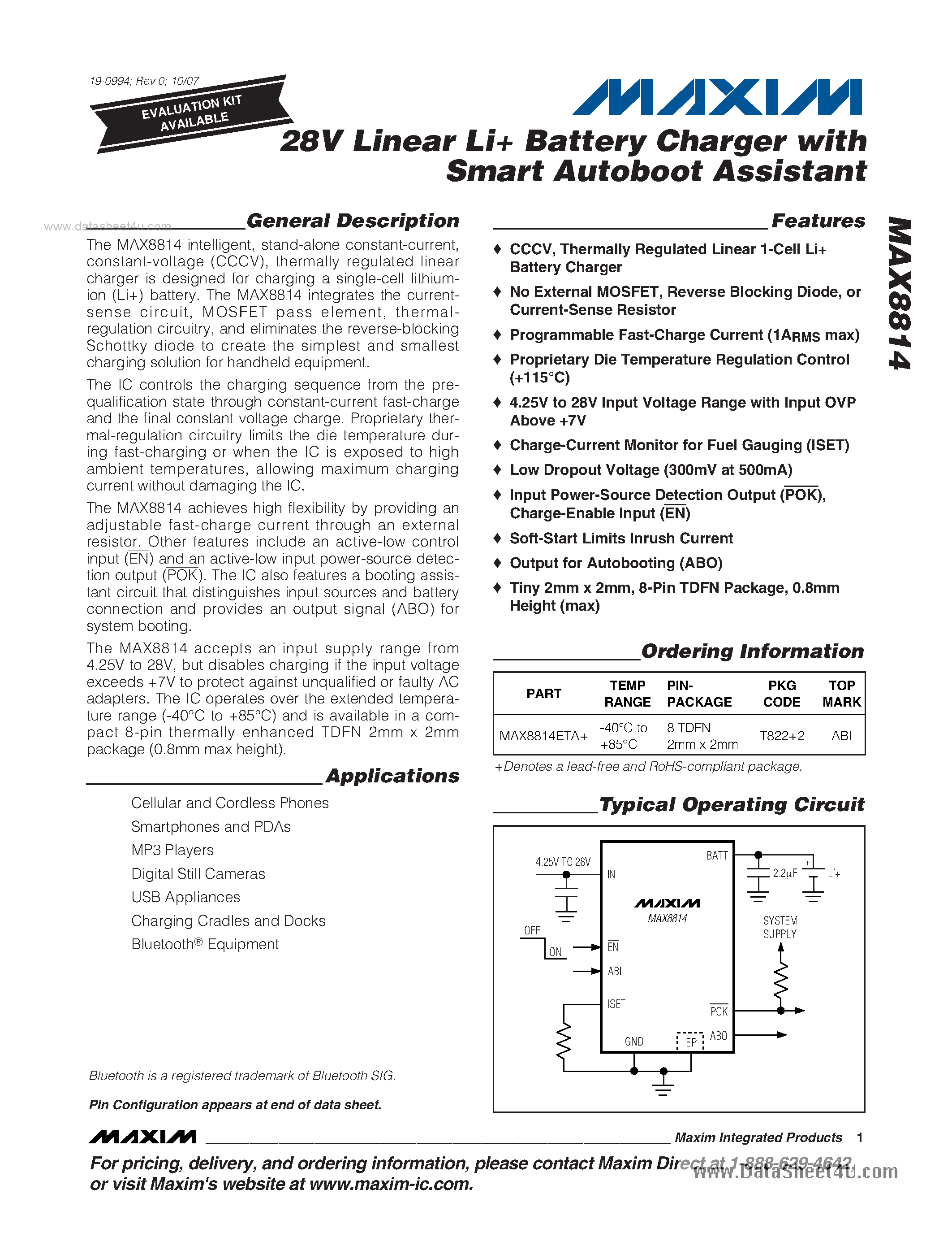 Datasheet MAX8814 - 28V Linear Li Battery Charger page 1