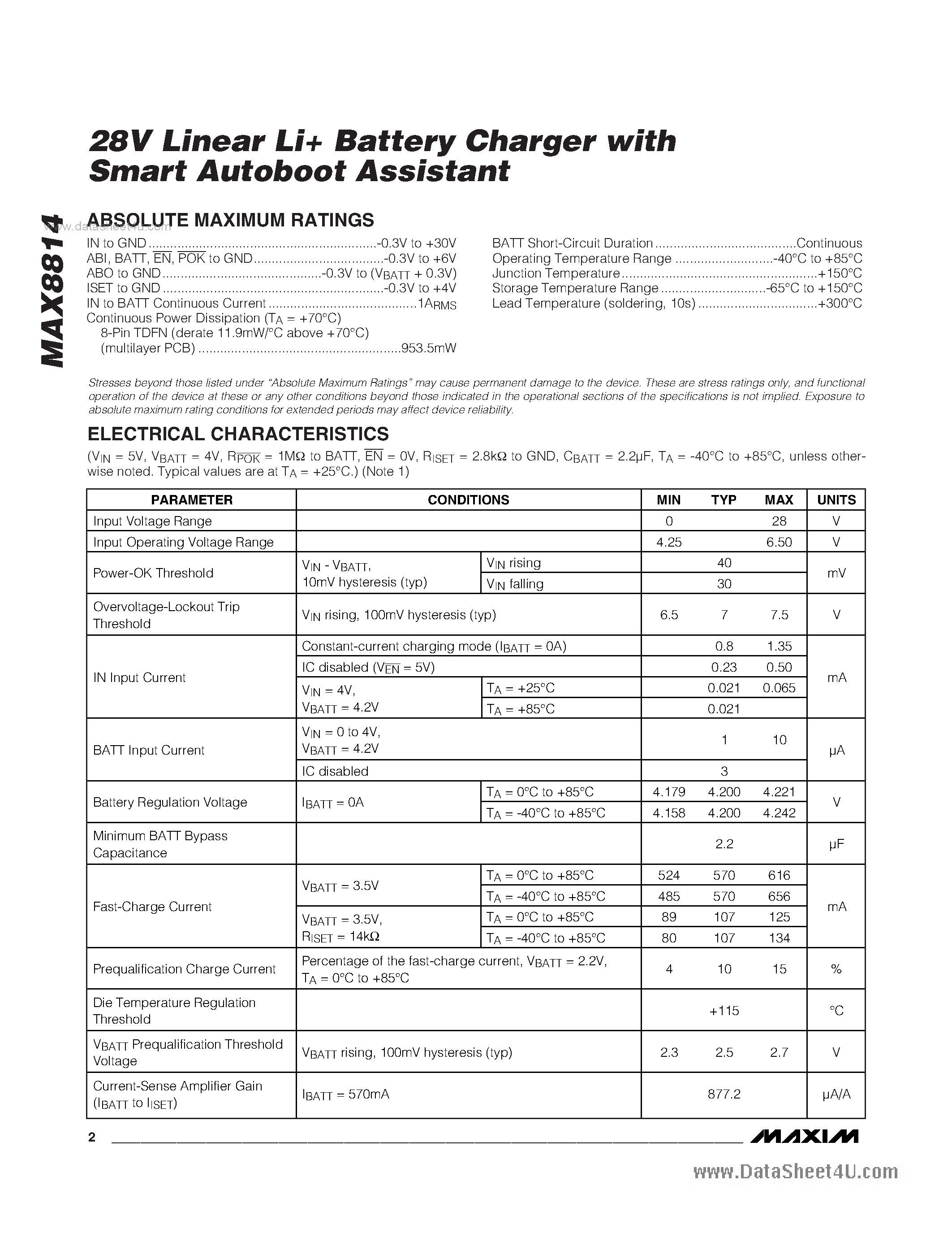 Datasheet MAX8814 - 28V Linear Li Battery Charger page 2