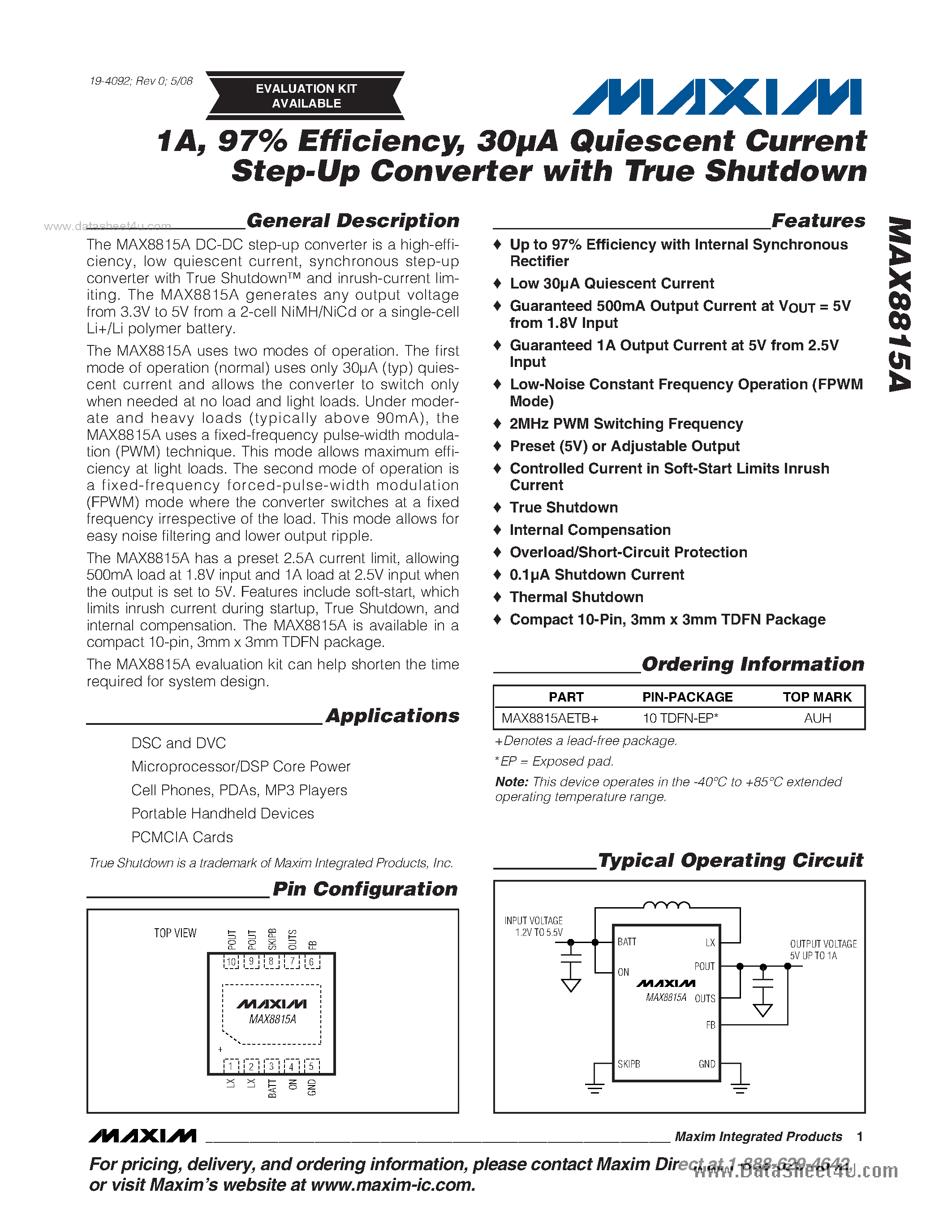 Datasheet MAX8815A - Step-Up Converter page 1