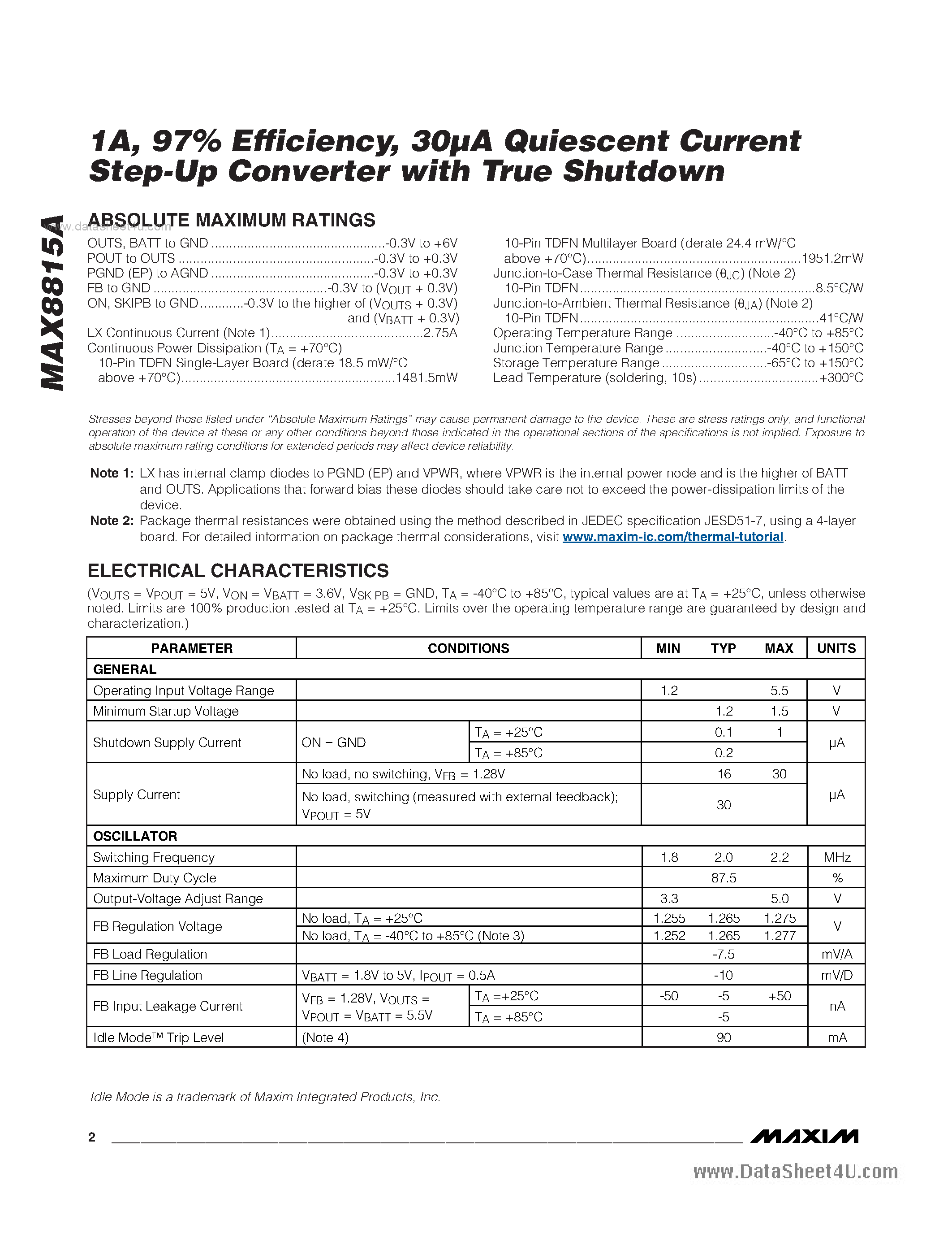Datasheet MAX8815A - Step-Up Converter page 2
