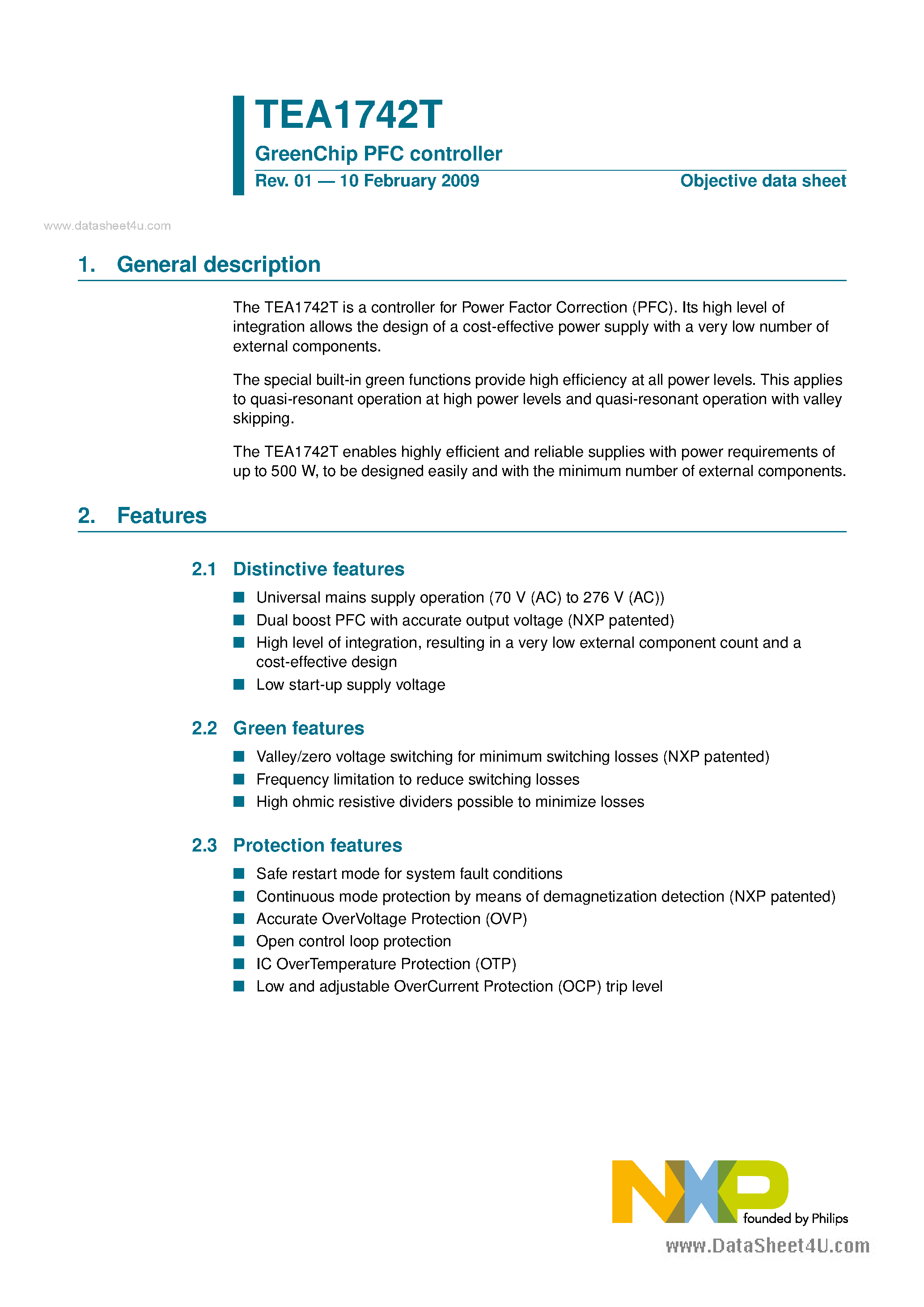 Даташит TEA1742T - GreenChip PFC controller страница 1