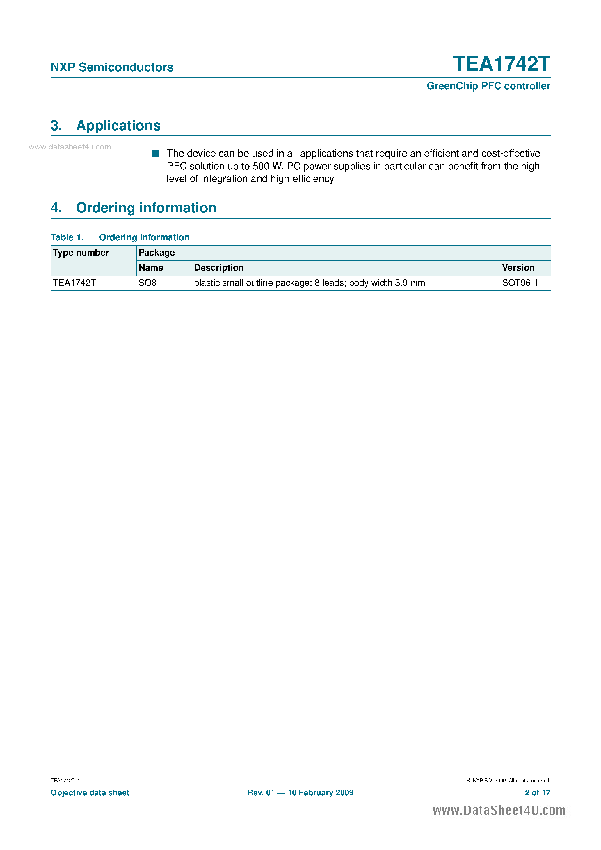 Даташит TEA1742T - GreenChip PFC controller страница 2