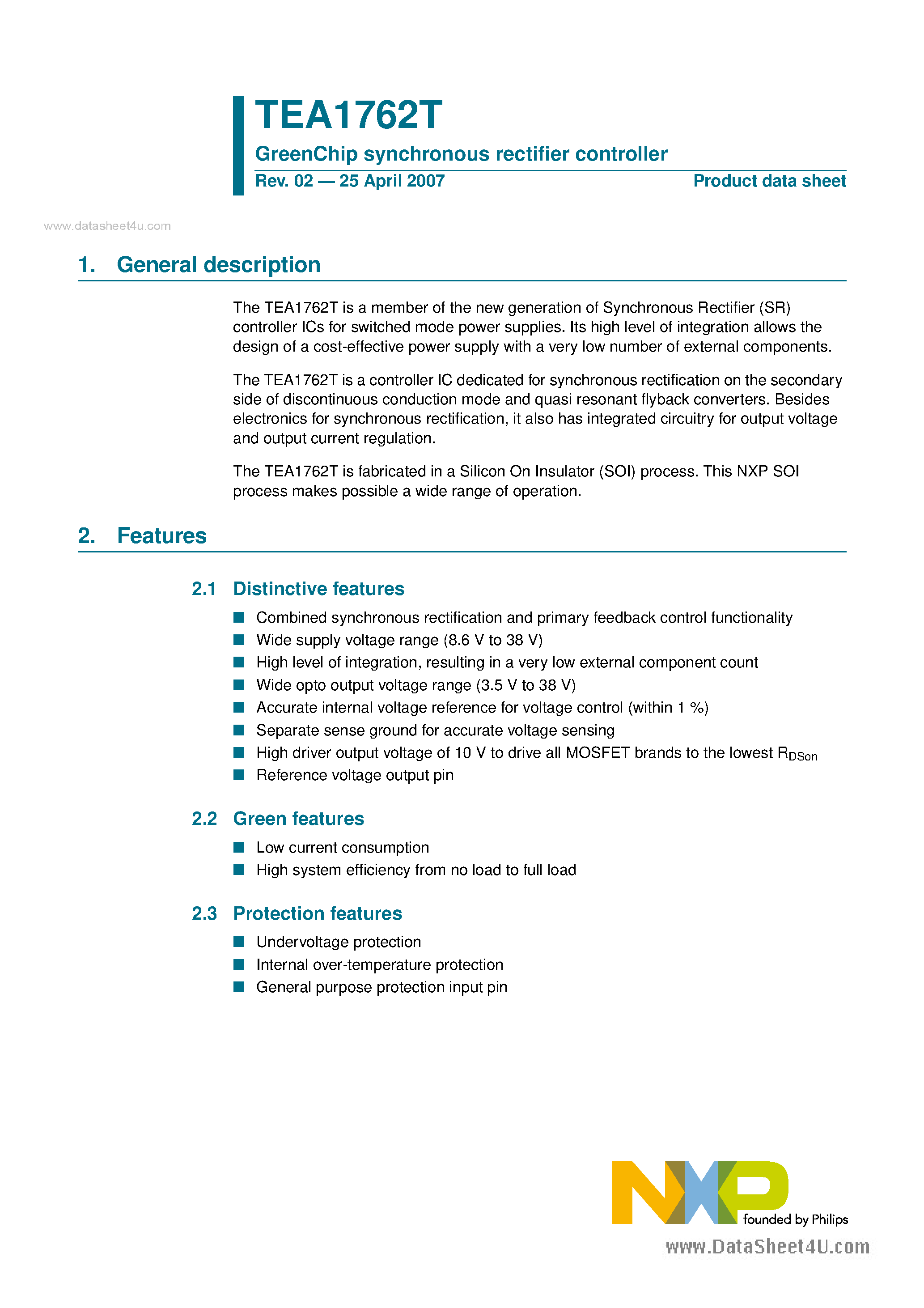 Даташит TEA1762T - GreenChip synchronous rectifier controller страница 1