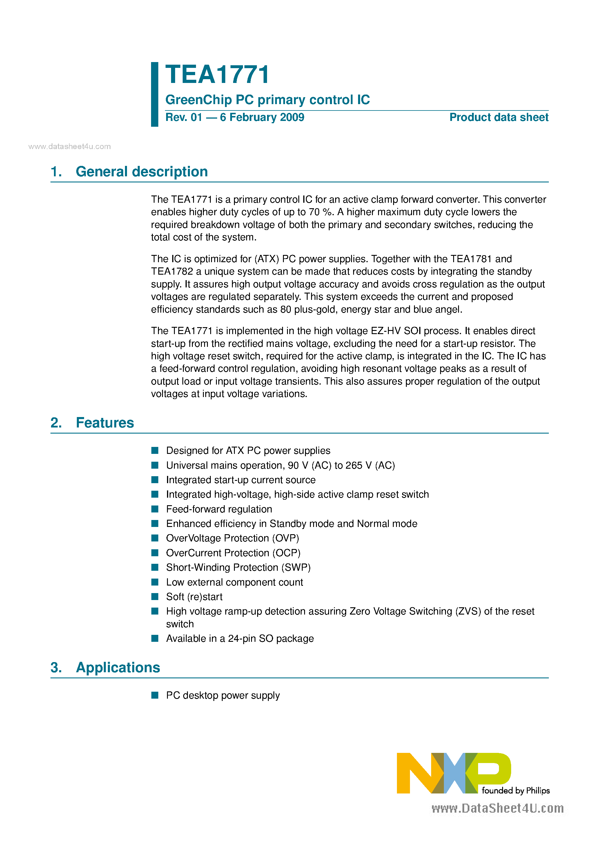 Даташит TEA1771 - GreenChip PC primary control IC страница 1