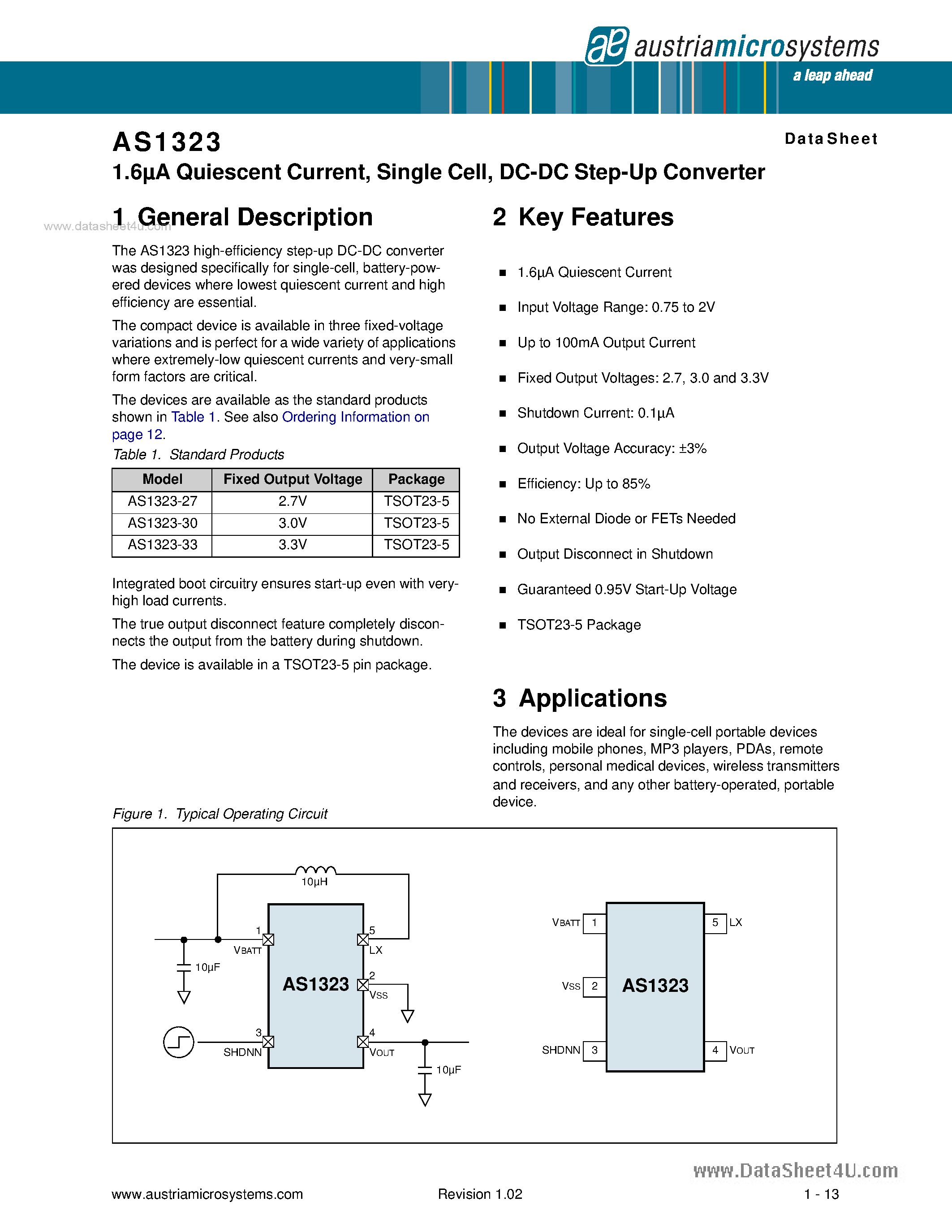 Даташит на микросхему AS1323 страница 1 Даташит AS1323 - DC-DC Step-Up Converter страница 1