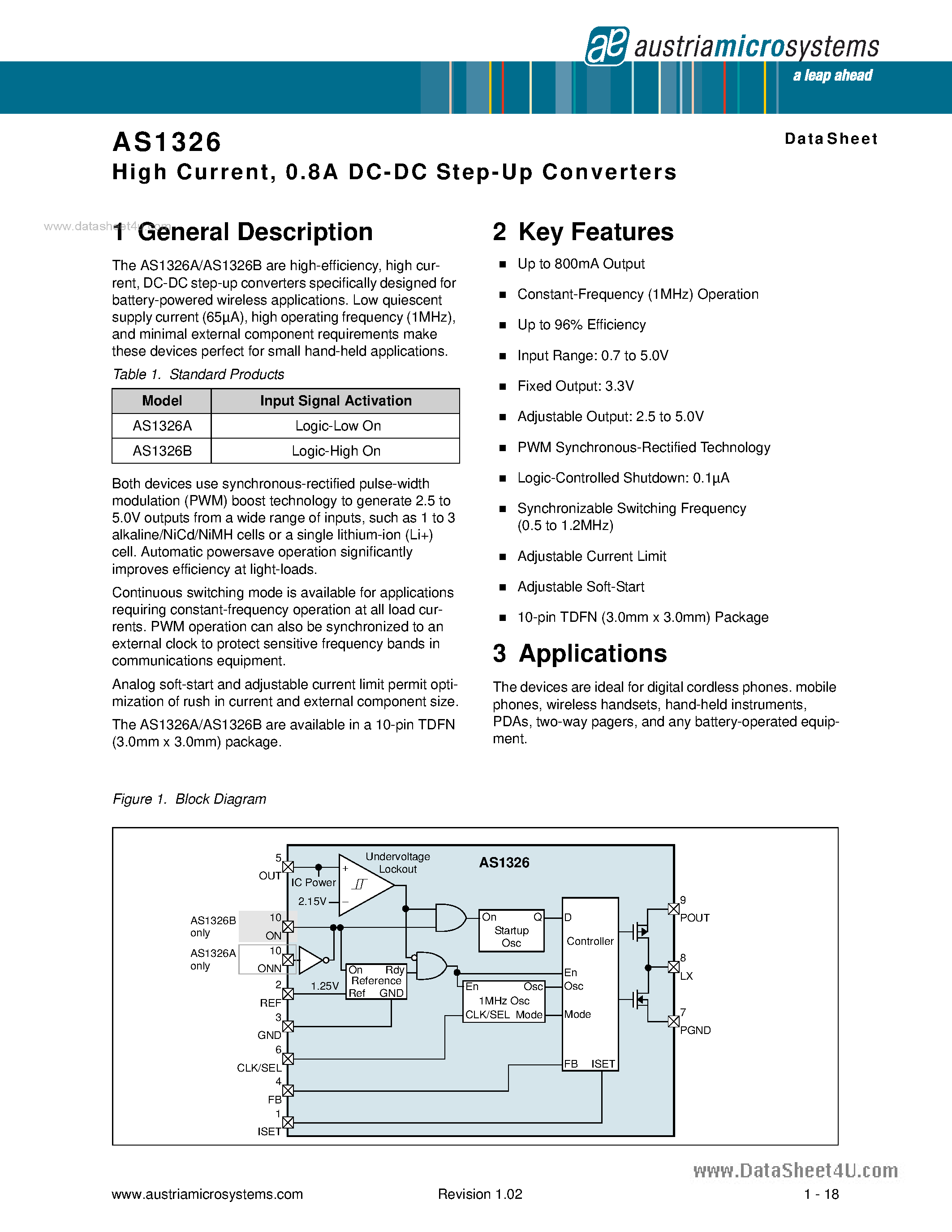 Datasheet AS1326 page 1 Datasheet AS1326 - 0.8A DC-DC Step-Up Converters page 1