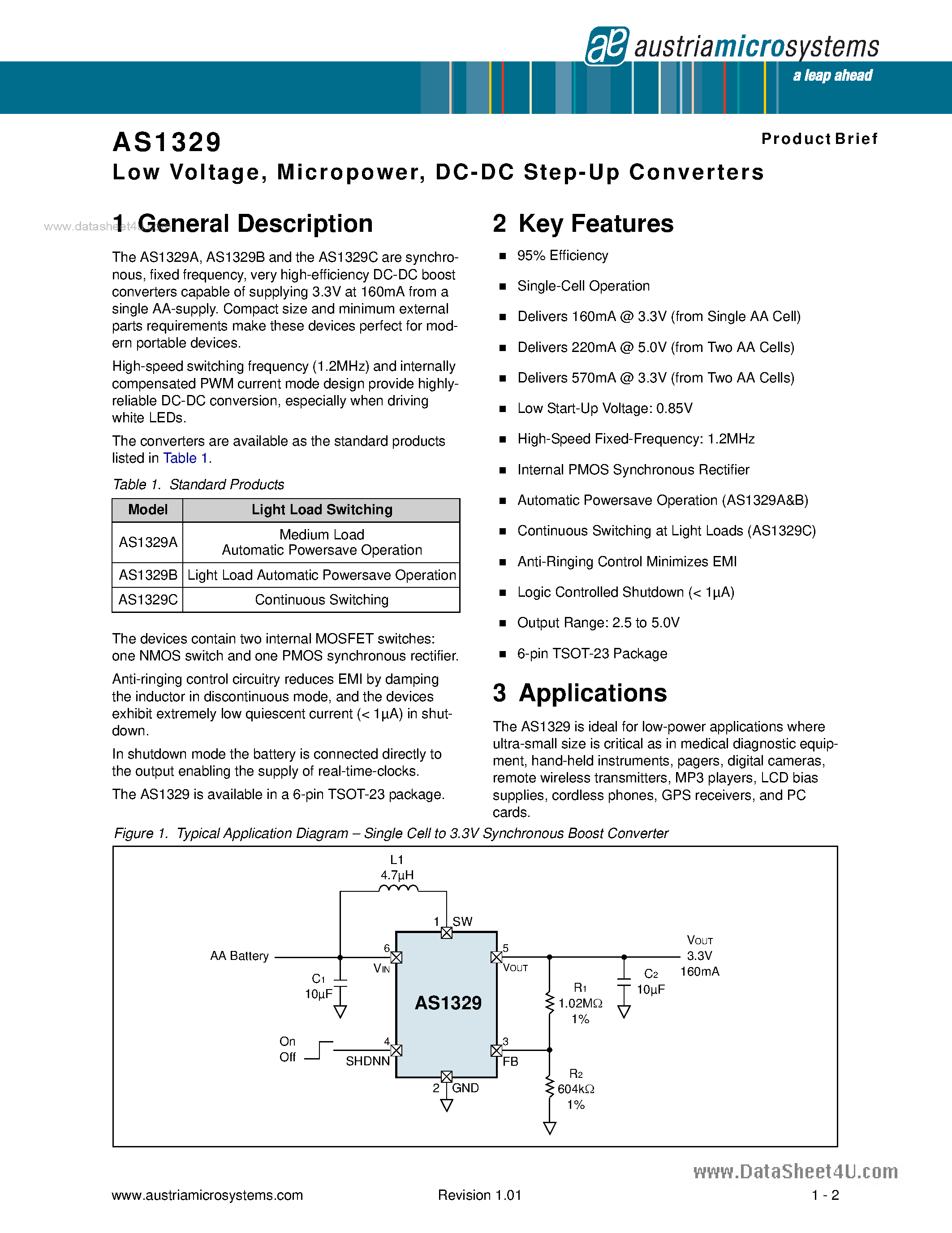 Даташит на микросхему AS1329 страница 1 Даташит AS1329 - DC-DC Step-Up Converters страница 1